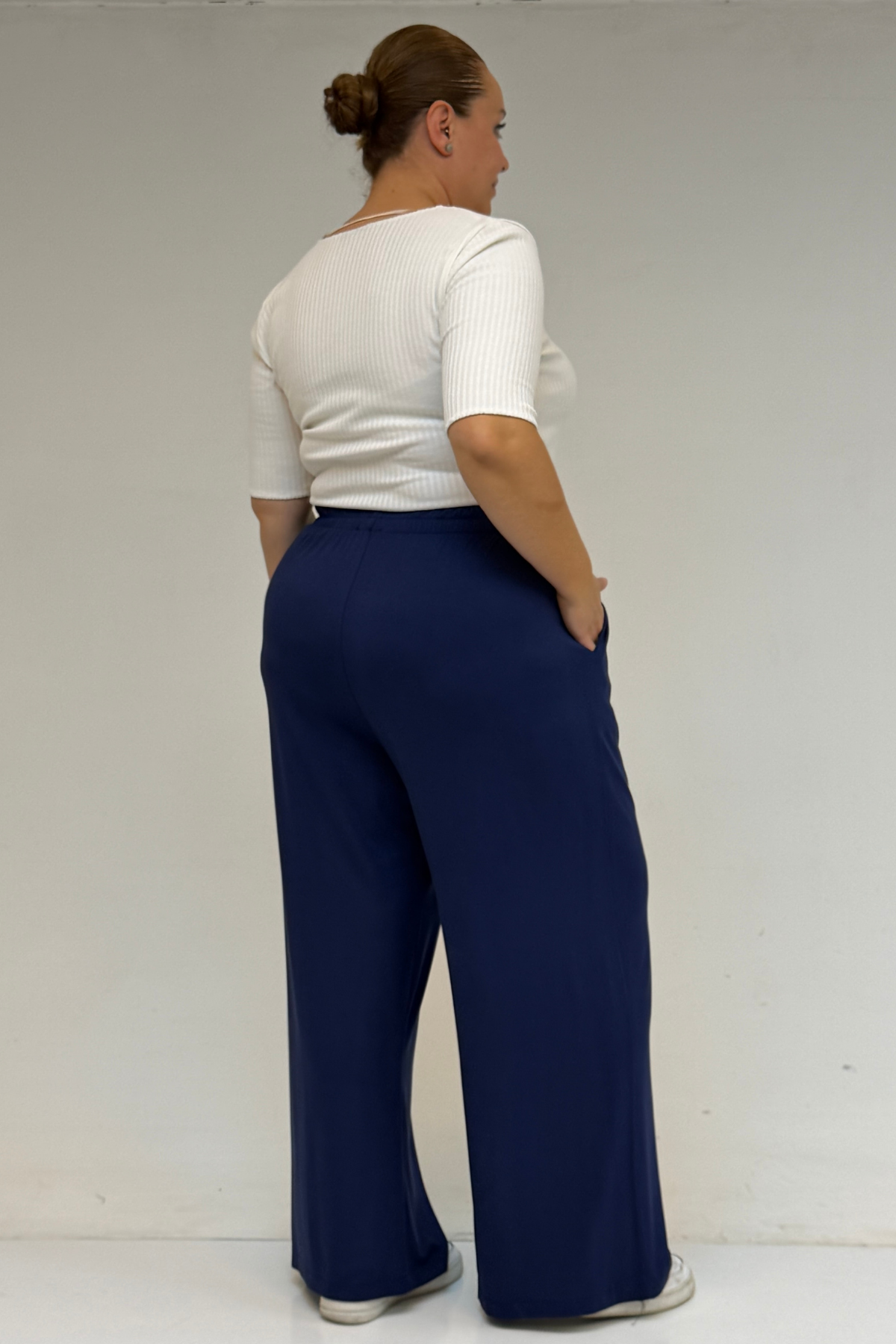 39000 Büyük Beden Yüksek Beli Lastikli Bol Paça Penye Pantolon - İndigo