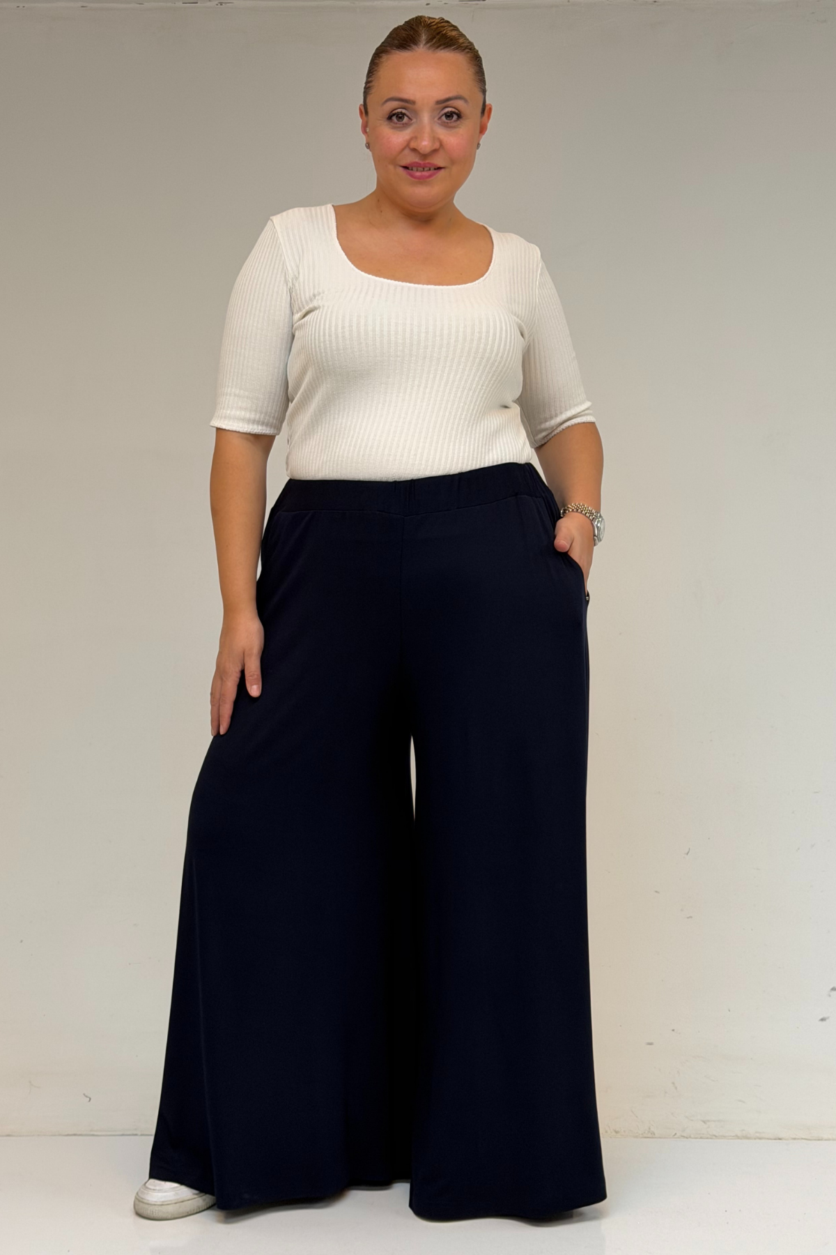 49003 Büyük Beden Beli Lastikli Penye Etek Pantolon - Lacivert