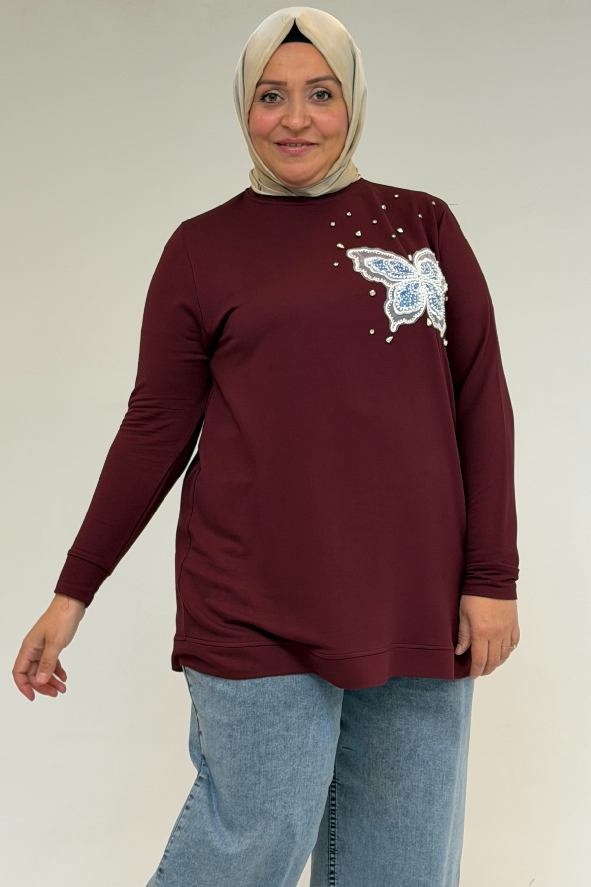 58172 Büyük Beden Taş Baskı Detaylı Kristal Tunik - Bordo