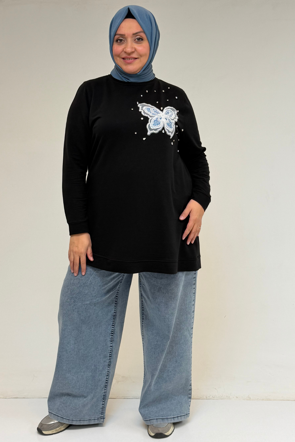 58172 Büyük Beden Taş Baskı Detaylı Kristal Tunik - Siyah