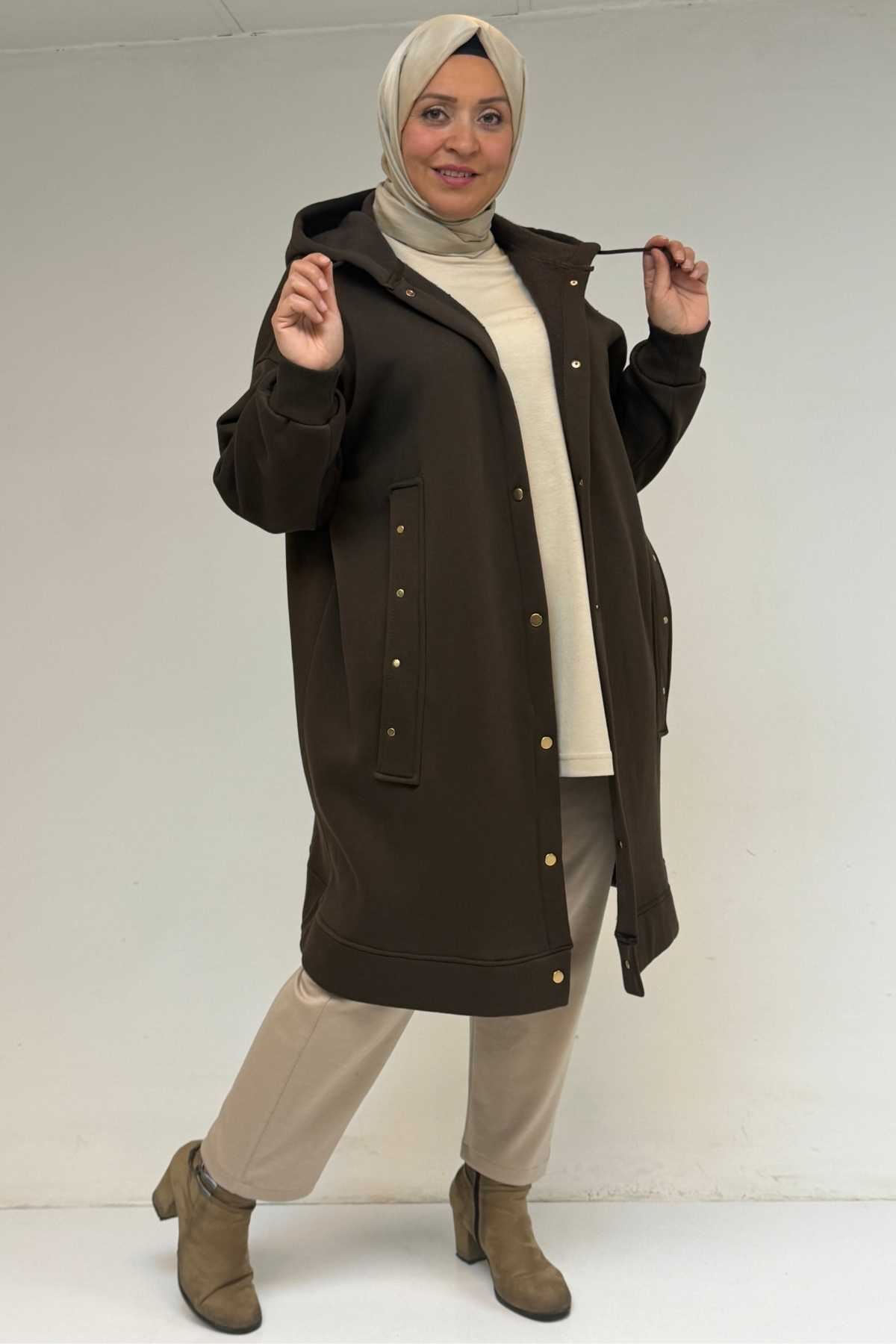 43077 Büyük Beden Kol Ve Etek Ucu Ribanalı Üç İplik Kap - Kahve