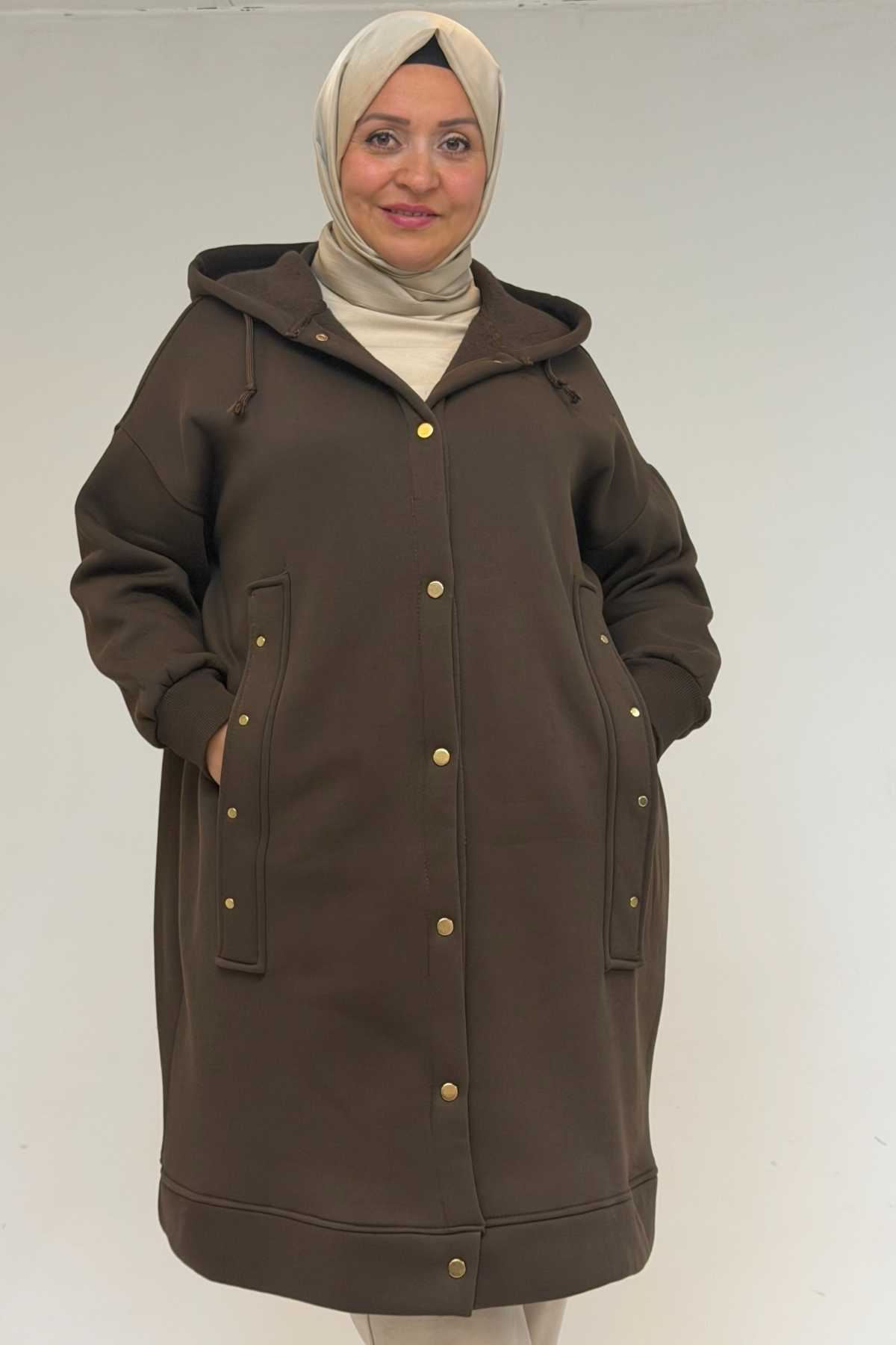 43077 Büyük Beden Kol Ve Etek Ucu Ribanalı Üç İplik Kap - Kahve