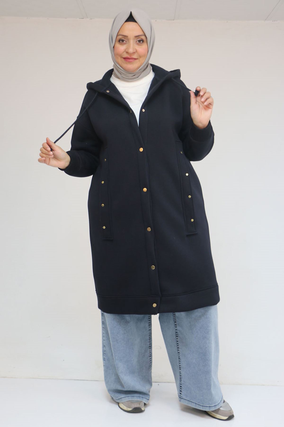 43077 Büyük Beden Kol Ve Etek Ucu Ribanalı Üç İplik Kap - Lacivert