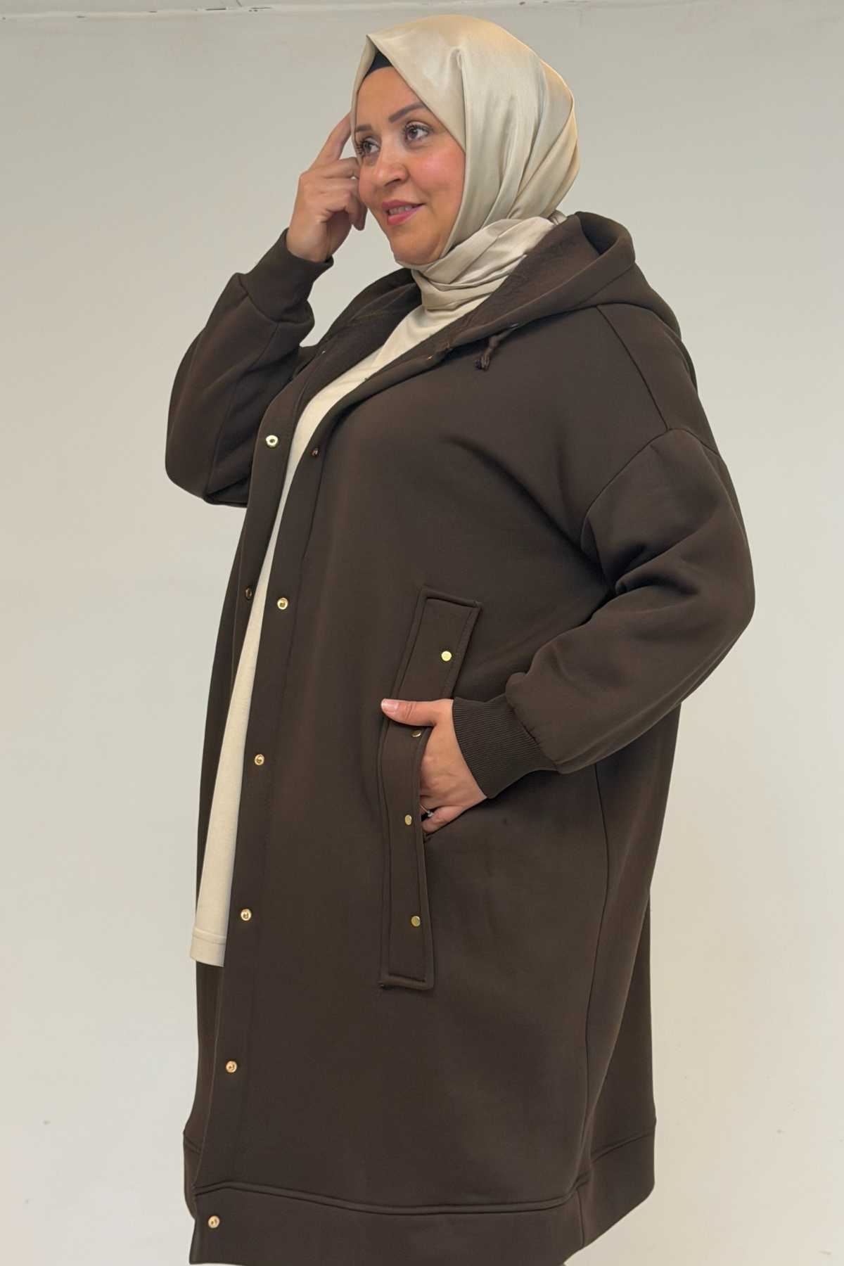 43077 Büyük Beden Kol Ve Etek Ucu Ribanalı Üç İplik Kap - Kahve