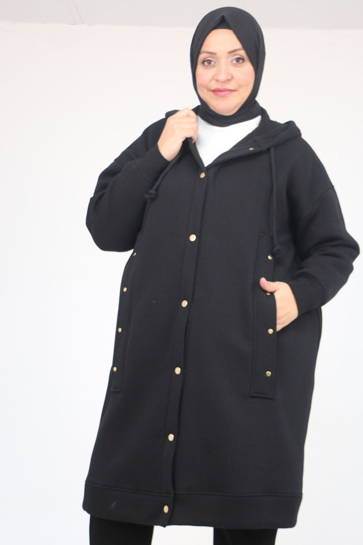 43077 Büyük Beden Kol Ve Etek Ucu Ribanalı Üç İplik Kap - Siyah