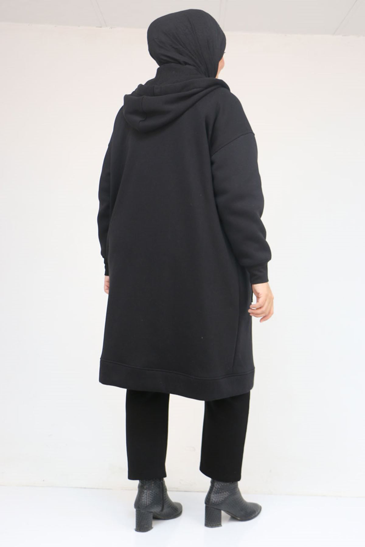 43077 Büyük Beden Kol Ve Etek Ucu Ribanalı Üç İplik Kap - Siyah