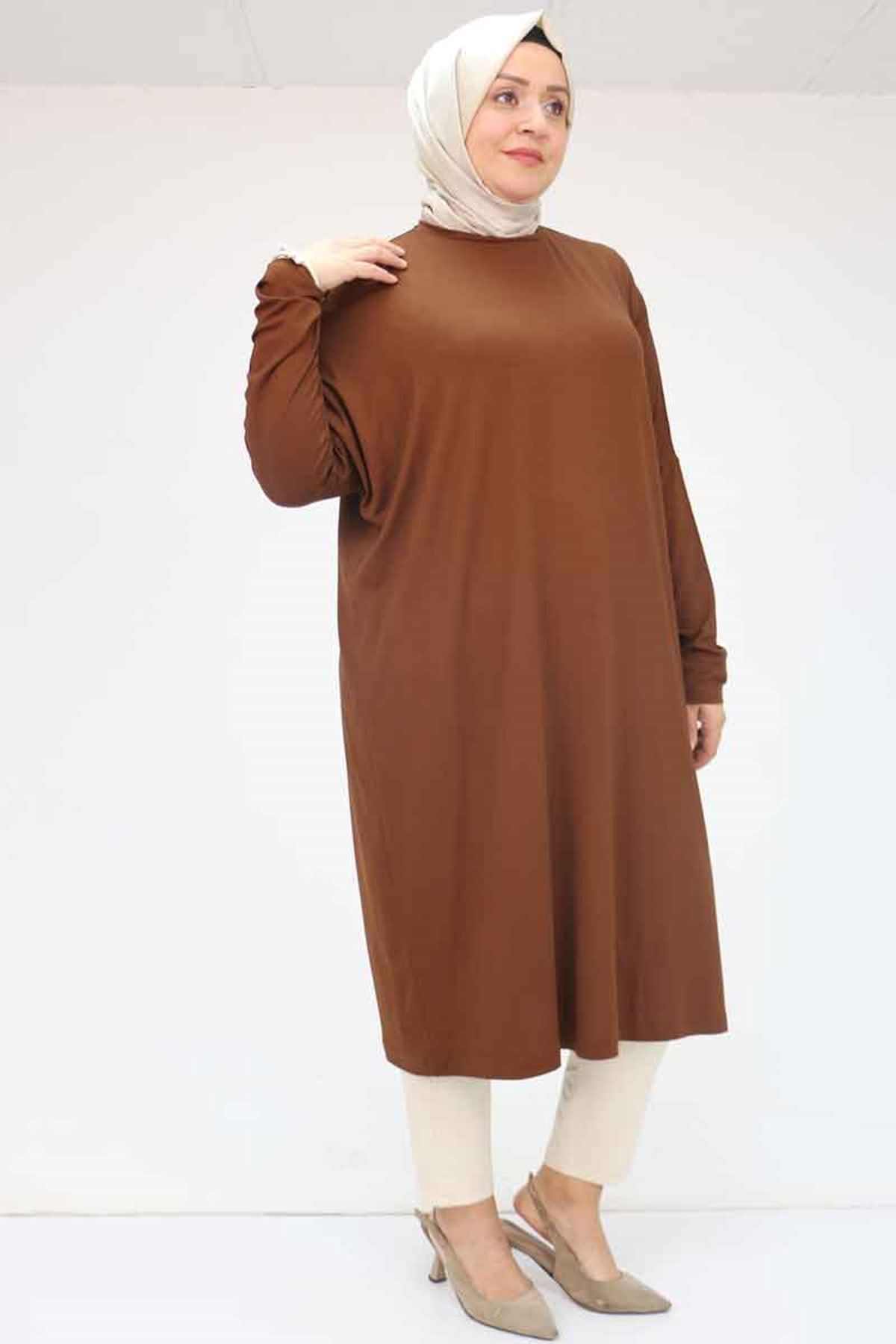 28092 Büyük Beden Düşük Kol Penye Tunik - Kahve