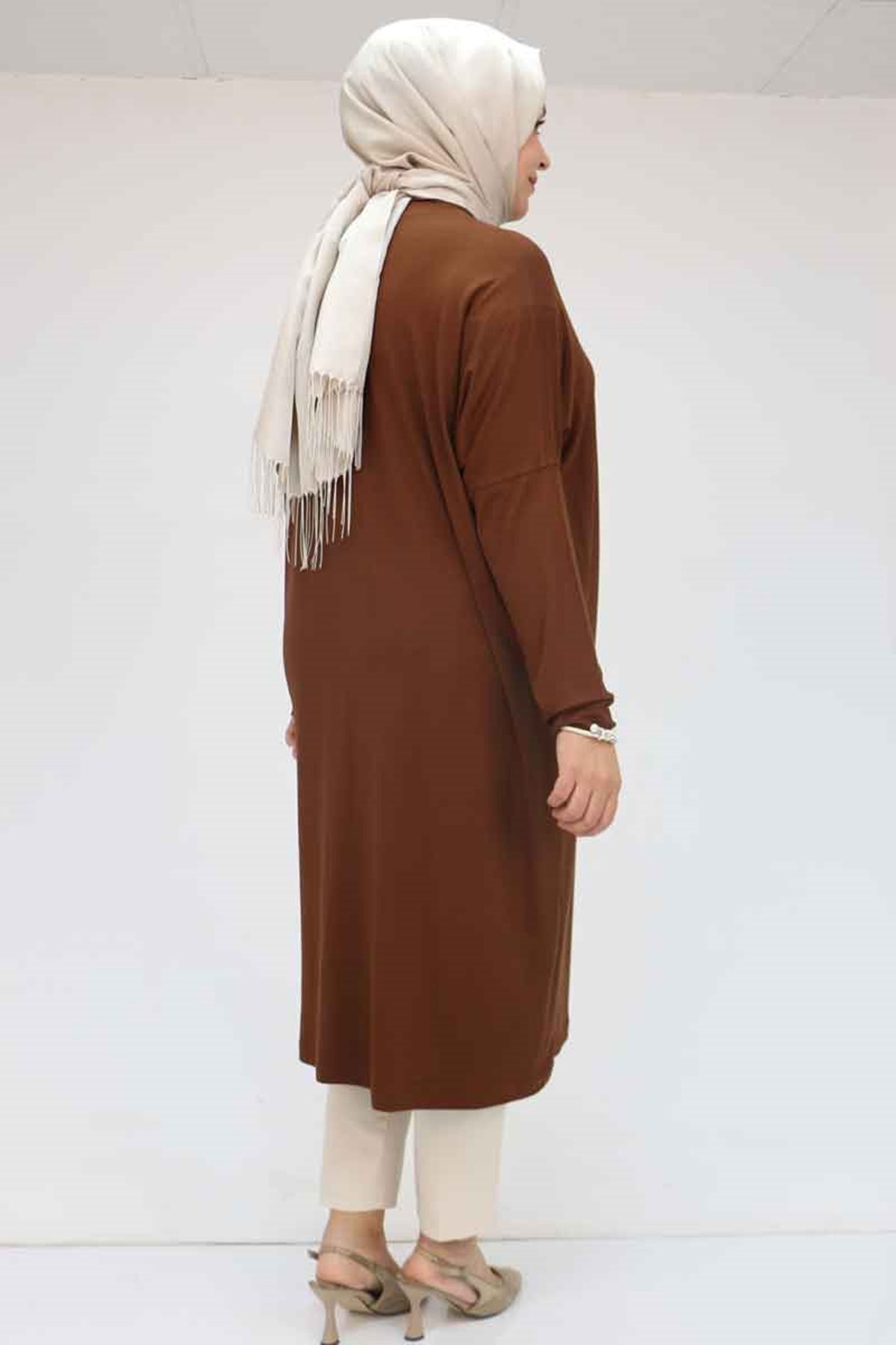 28092 Büyük Beden Düşük Kol Penye Tunik - Kahve