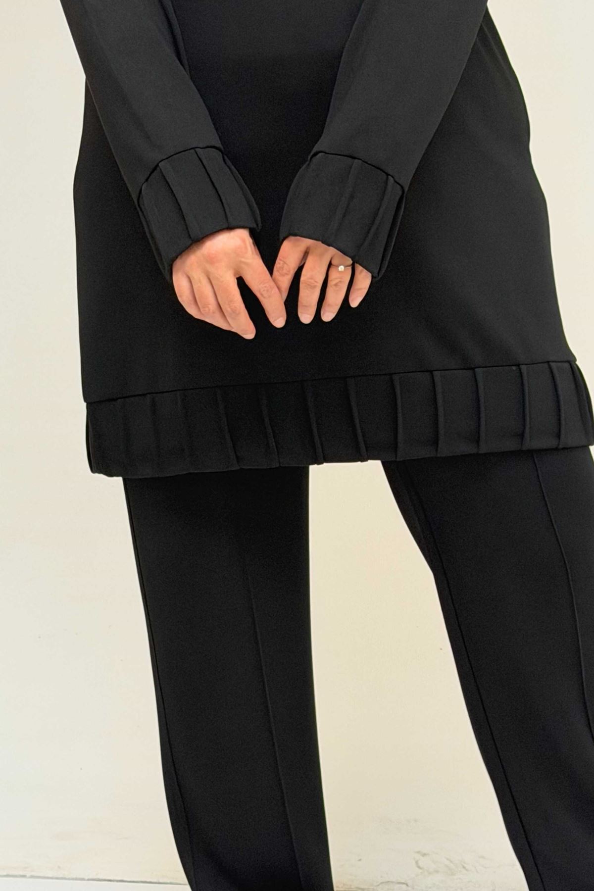 47069 Büyük Beden Çıma Detaylı Modal Pantolonlu Takım - Siyah