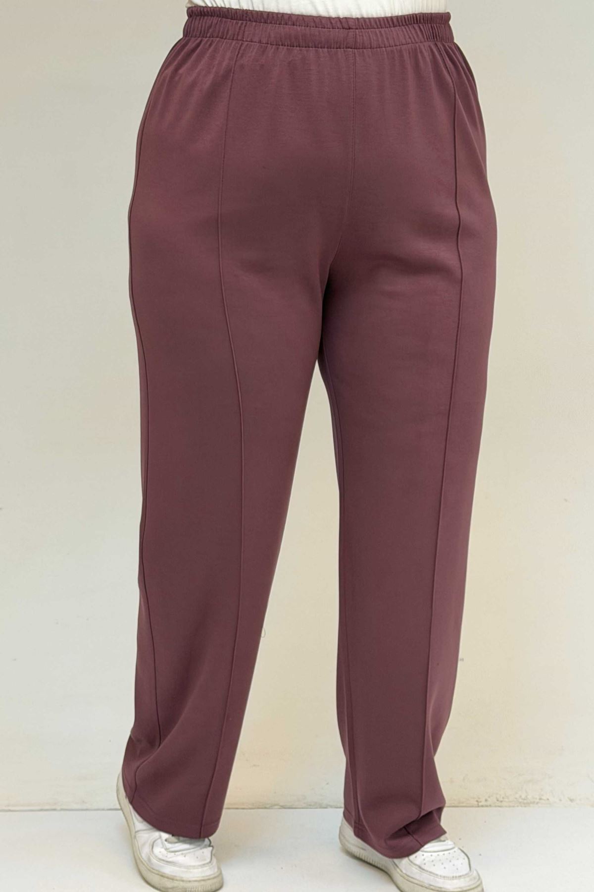 47069 Büyük Beden Çıma Detaylı Modal Pantolonlu Takım - Gül Kurusu