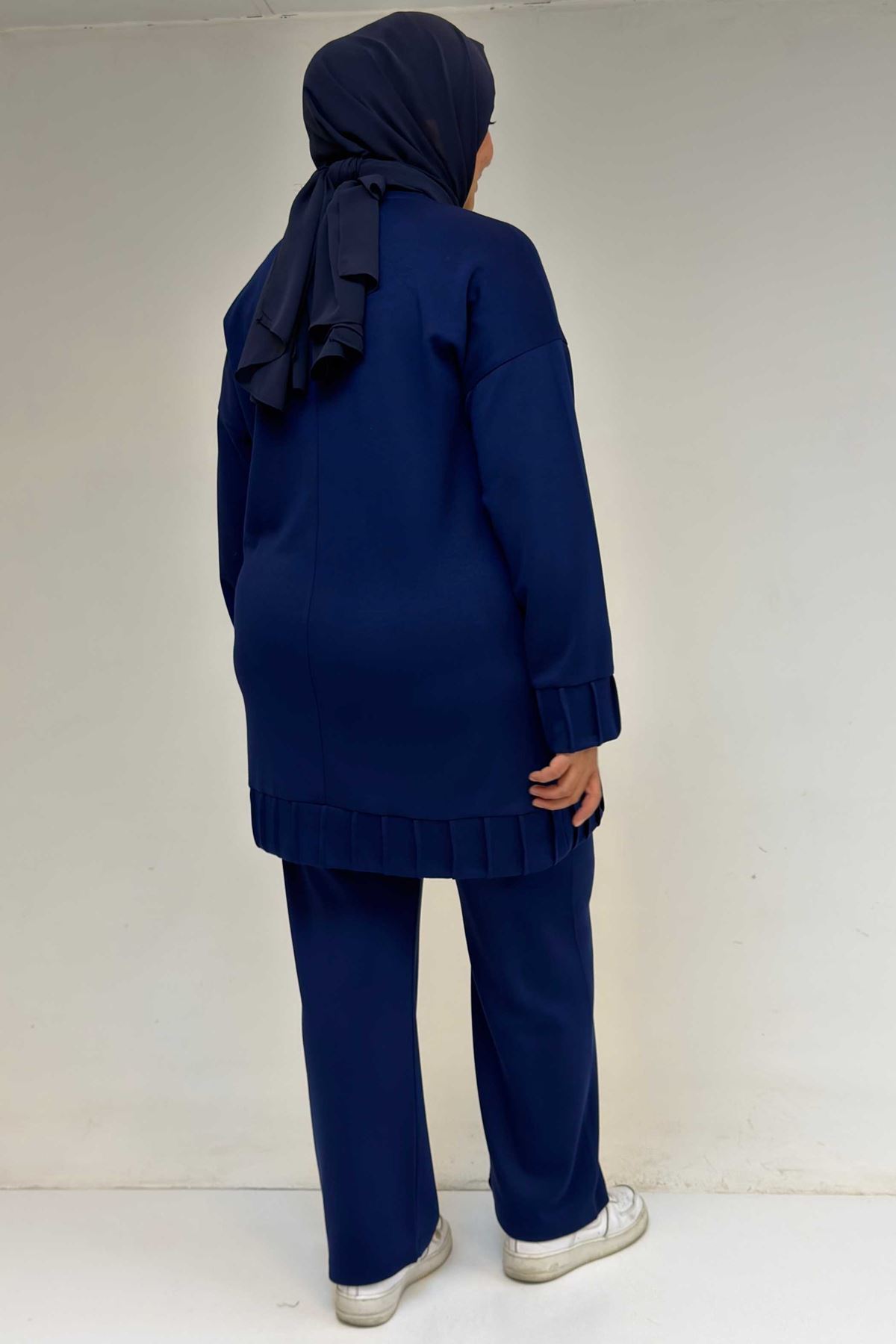 47069 Büyük Beden Çıma Detaylı Modal Pantolonlu Takım - İndigo