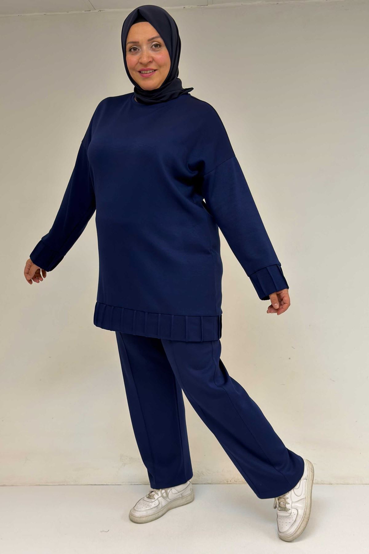 47069 Büyük Beden Çıma Detaylı Modal Pantolonlu Takım - İndigo