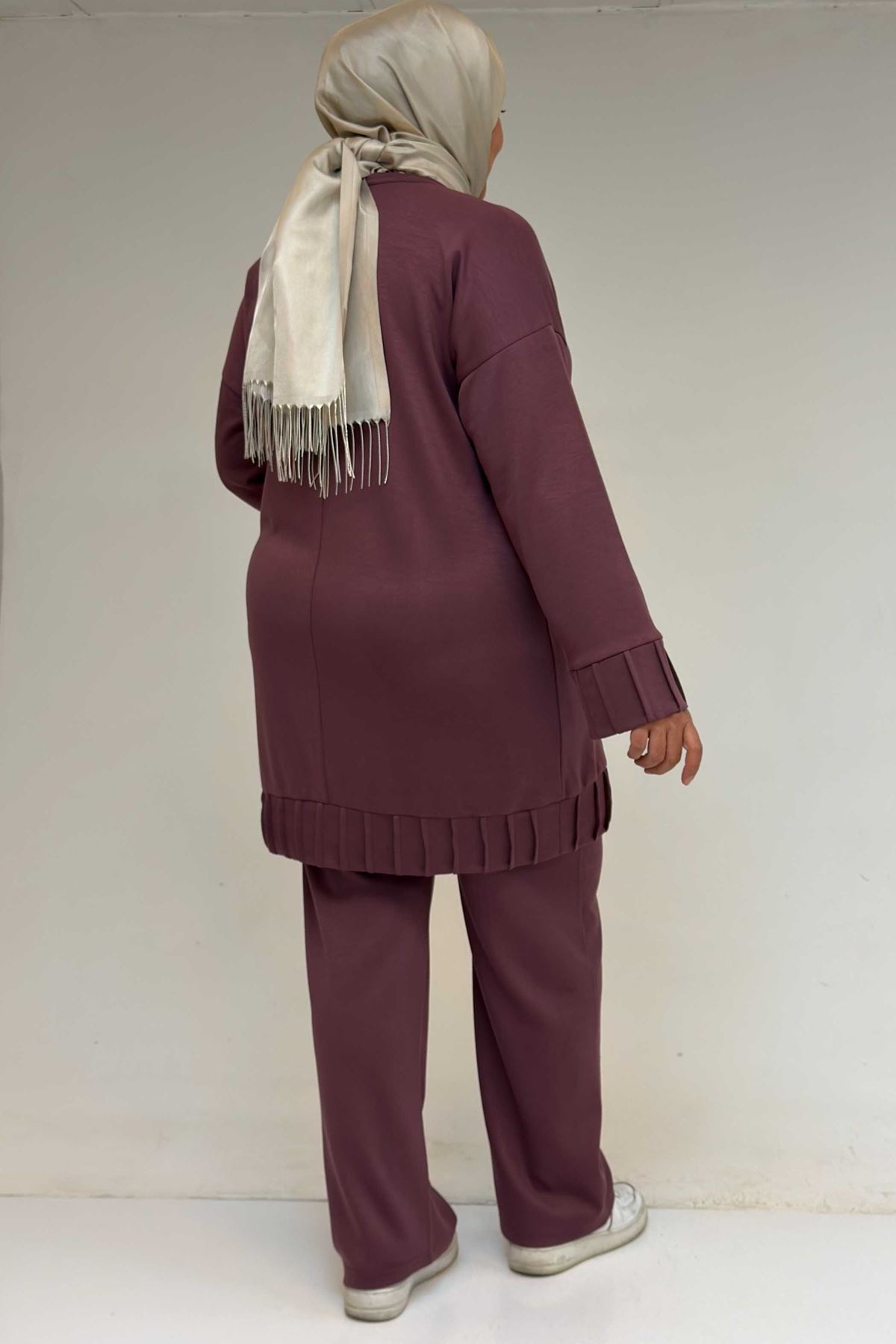 47069 Büyük Beden Çıma Detaylı Modal Pantolonlu Takım - Gül Kurusu