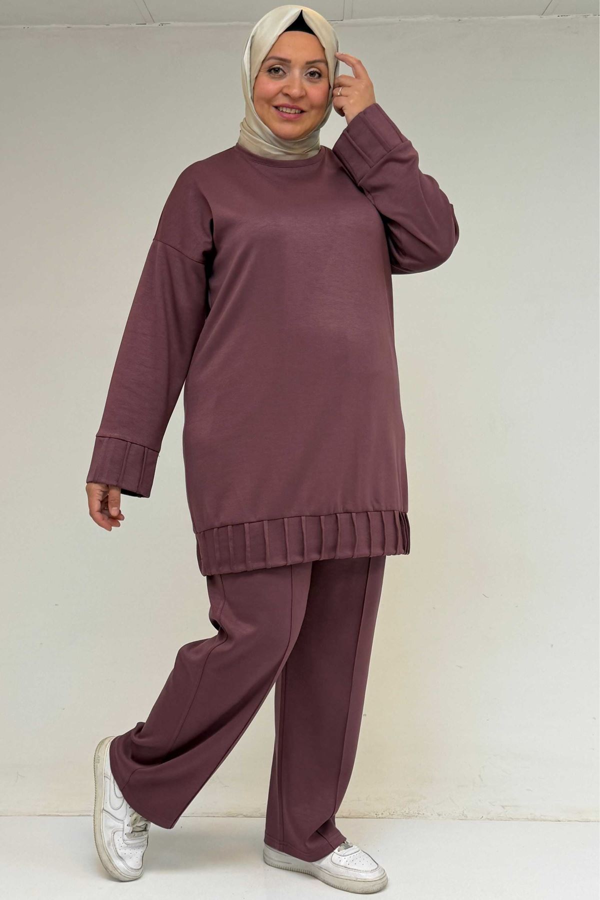 47069 Büyük Beden Çıma Detaylı Modal Pantolonlu Takım - Gül Kurusu