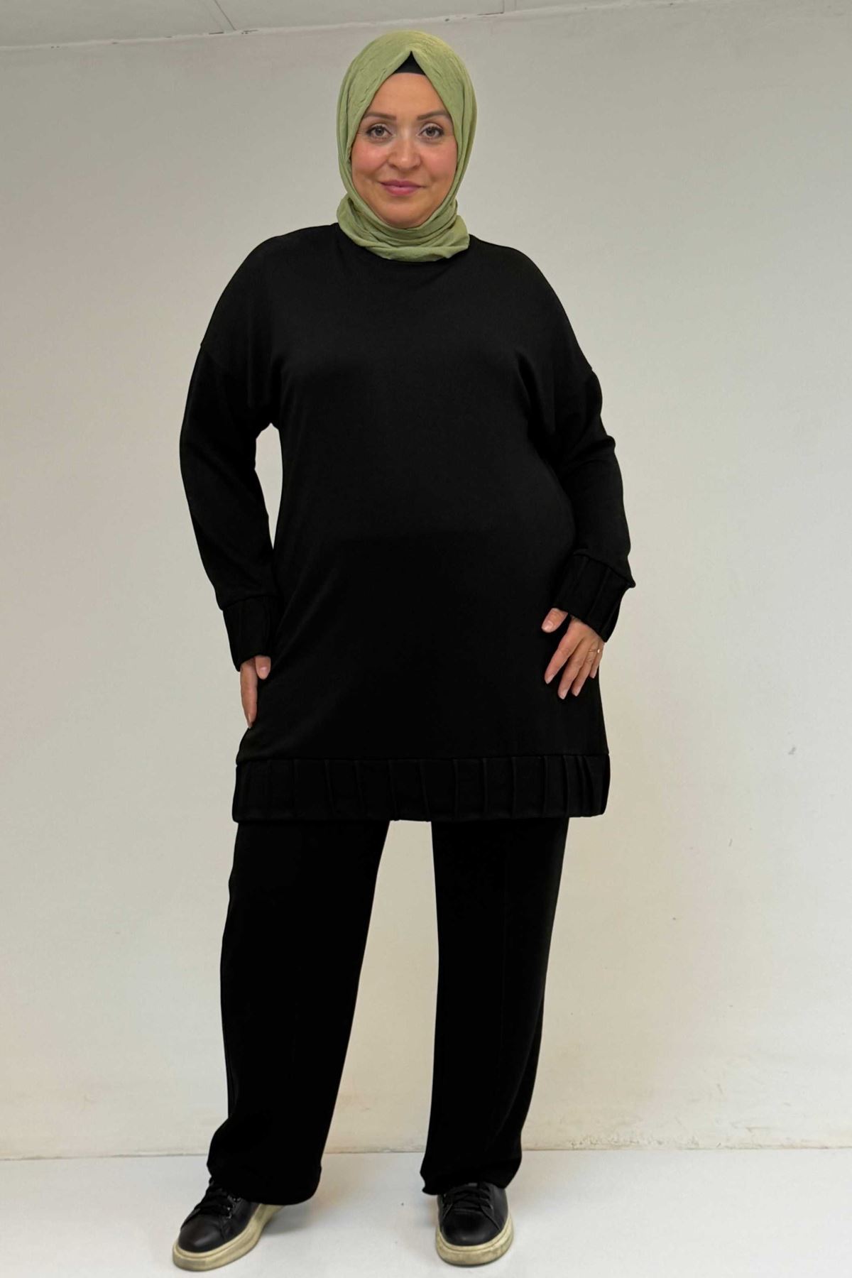 47069 Büyük Beden Çıma Detaylı Modal Pantolonlu Takım - Siyah