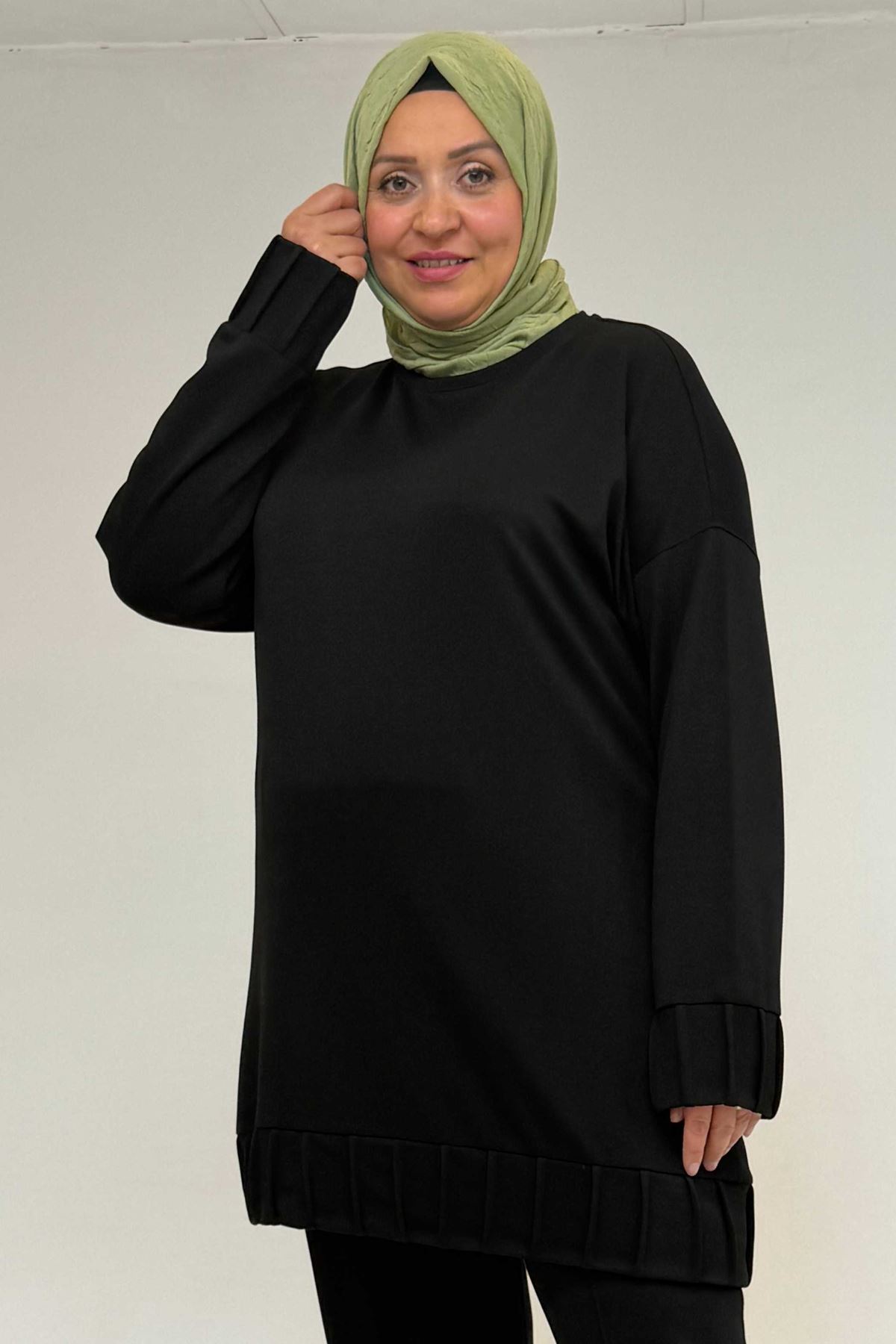 47069 Büyük Beden Çıma Detaylı Modal Pantolonlu Takım - Siyah