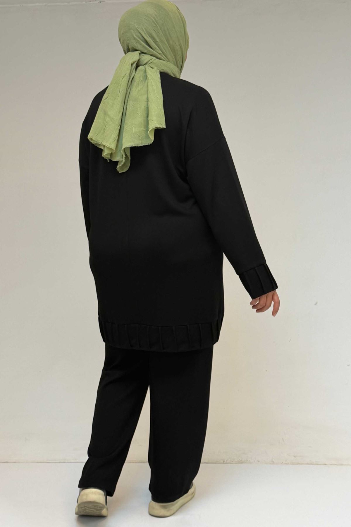 47069 Büyük Beden Çıma Detaylı Modal Pantolonlu Takım - Siyah