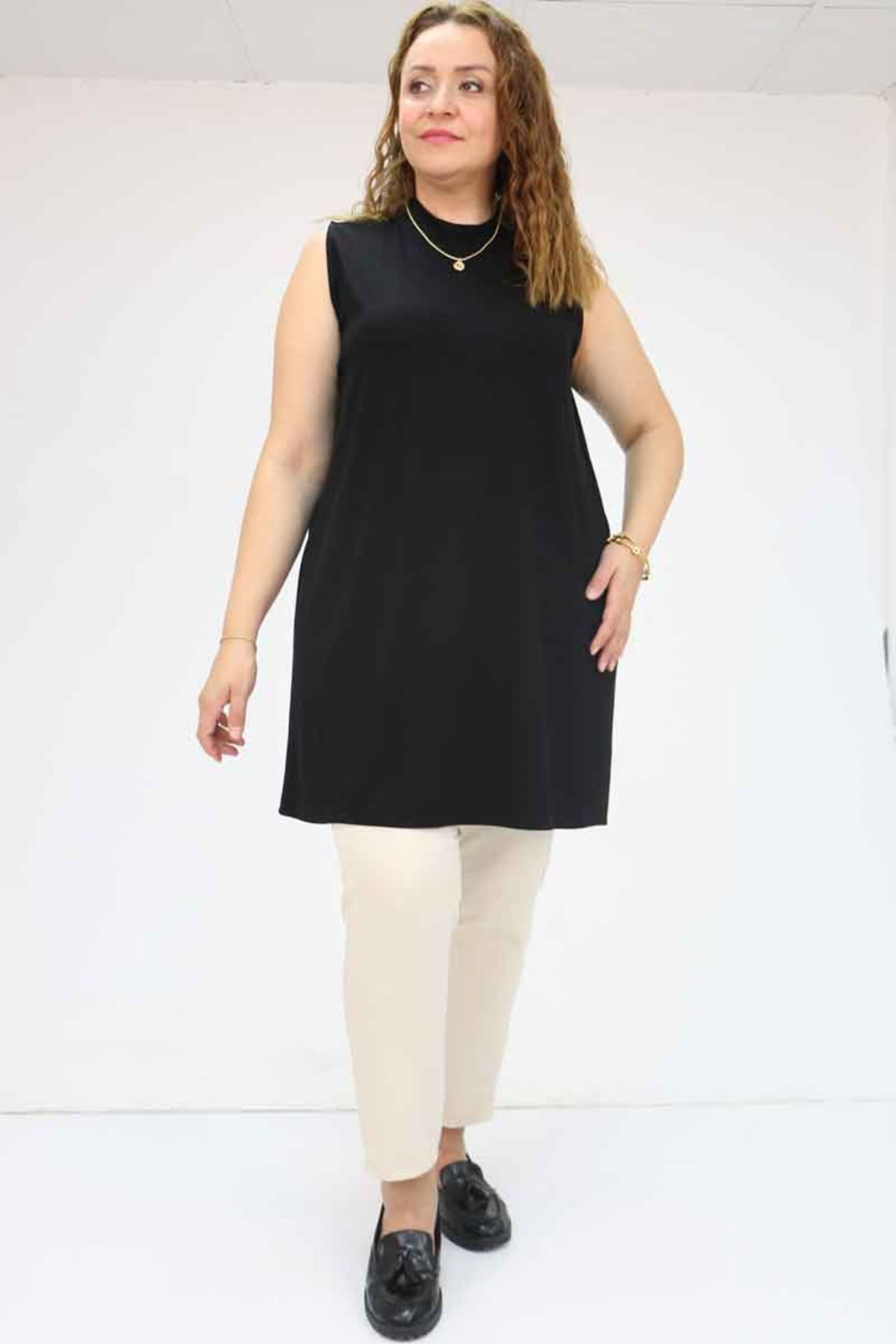 58501 Büyük Beden Hakim Yakalı Penye İçlik - Siyah