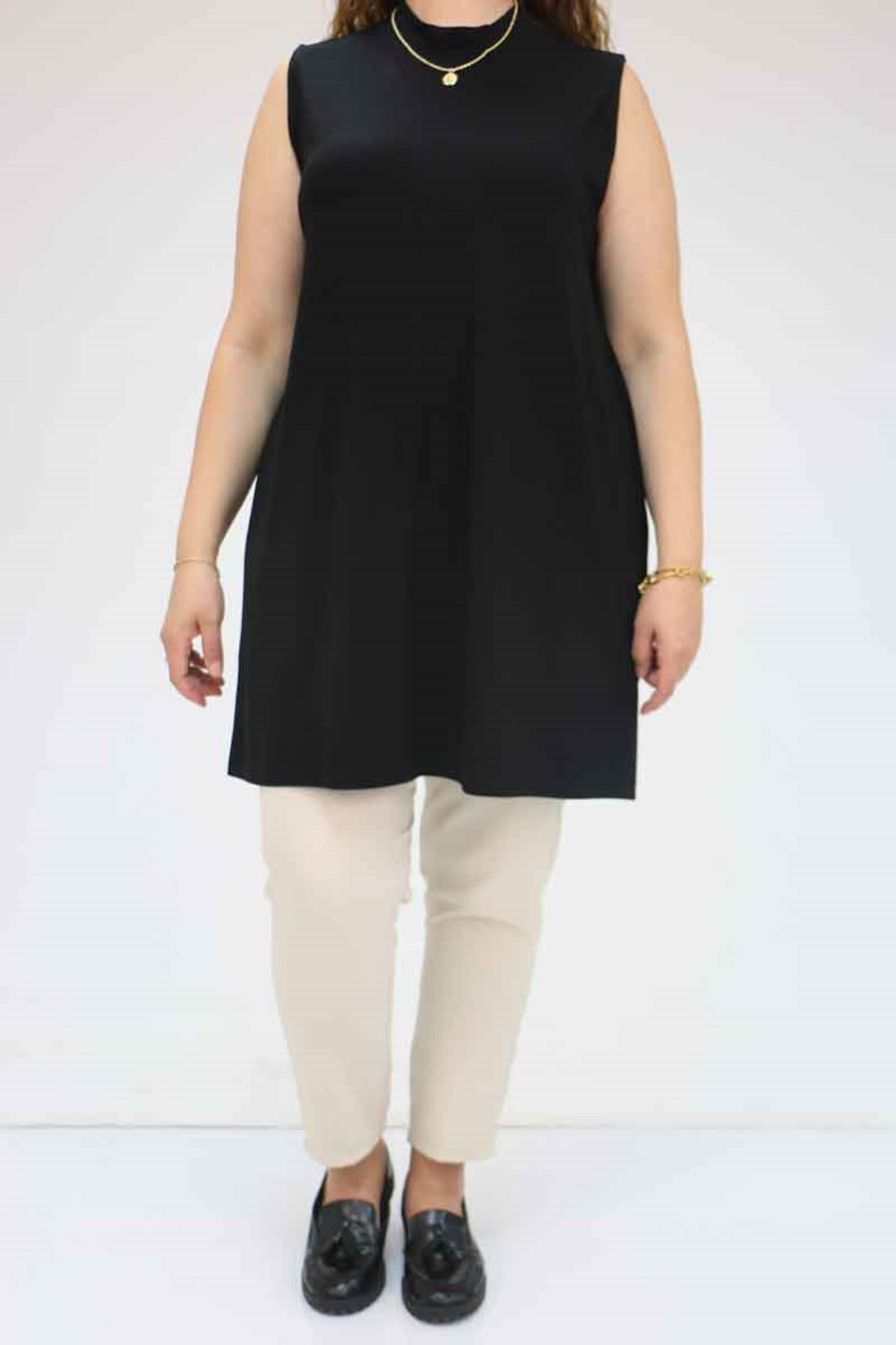 58501 Büyük Beden Hakim Yakalı Penye İçlik - Siyah