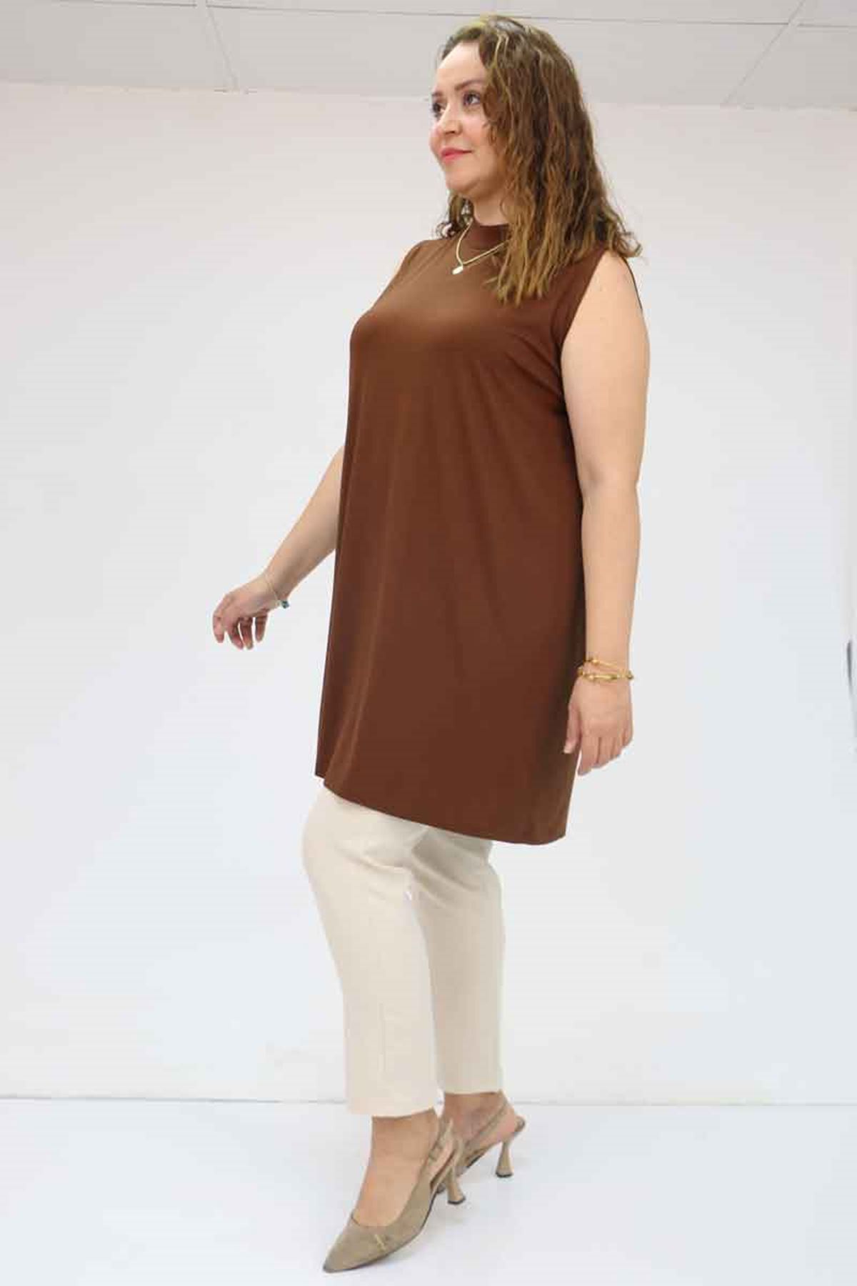 58501 Büyük Beden Hakim Yakalı Penye İçlik - Kahve