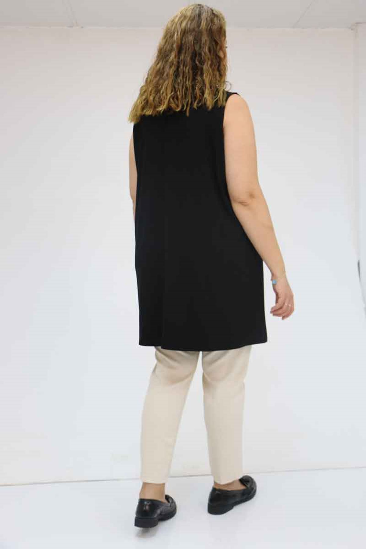 58501 Büyük Beden Hakim Yakalı Penye İçlik - Siyah