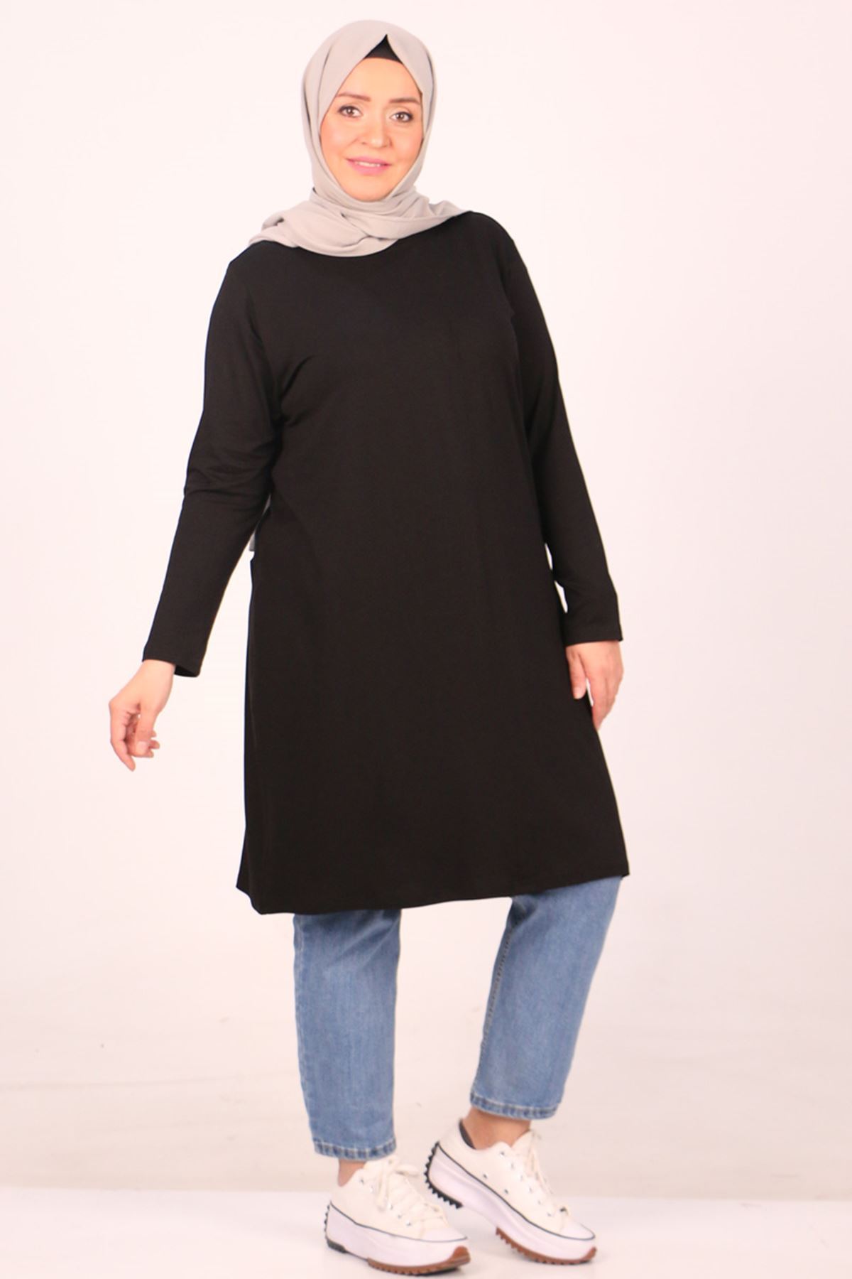 38501 Büyük Beden Basic Penye Tunik -  Siyah