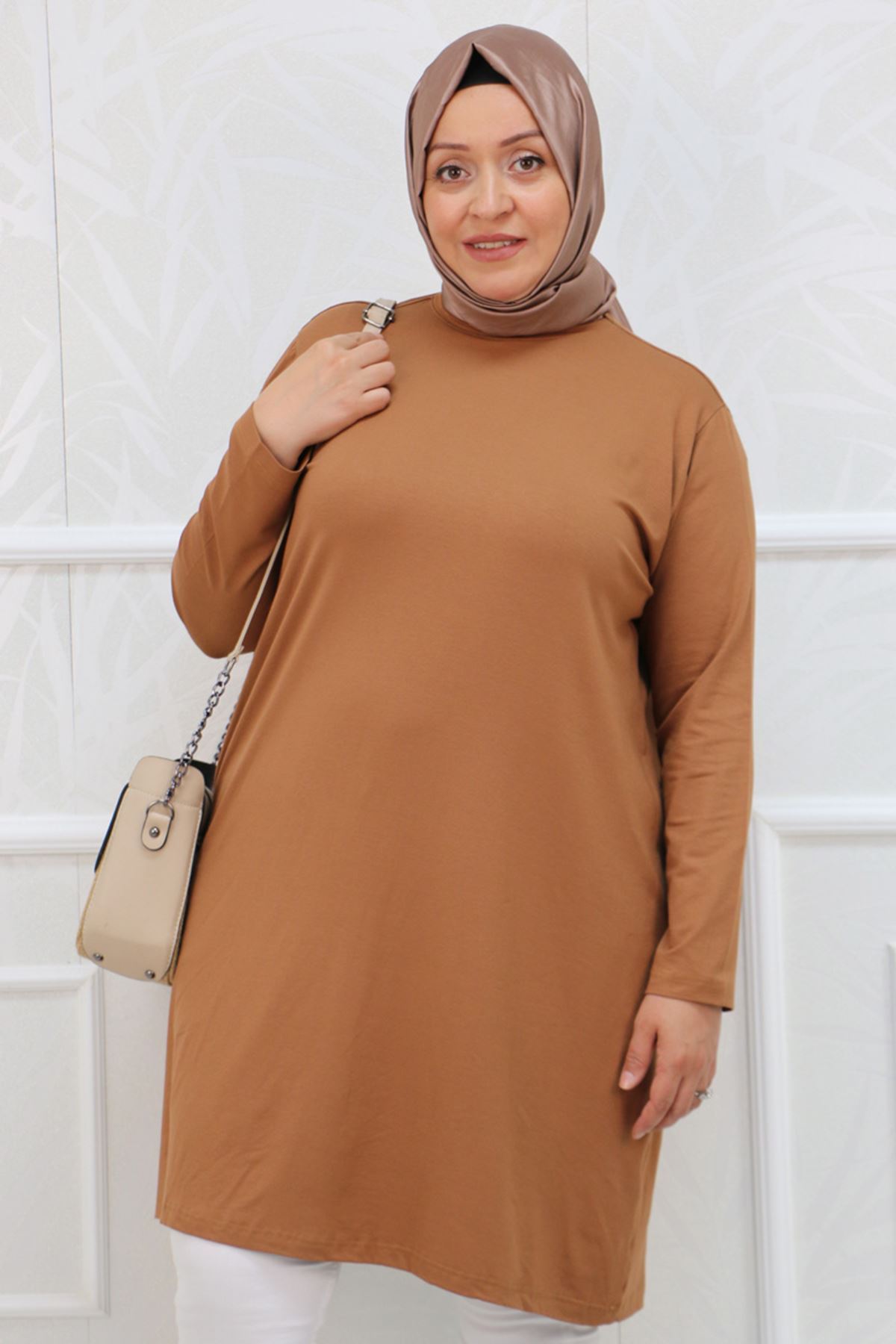 38501 Büyük Beden Basic Penye Tunik - Kahverengi