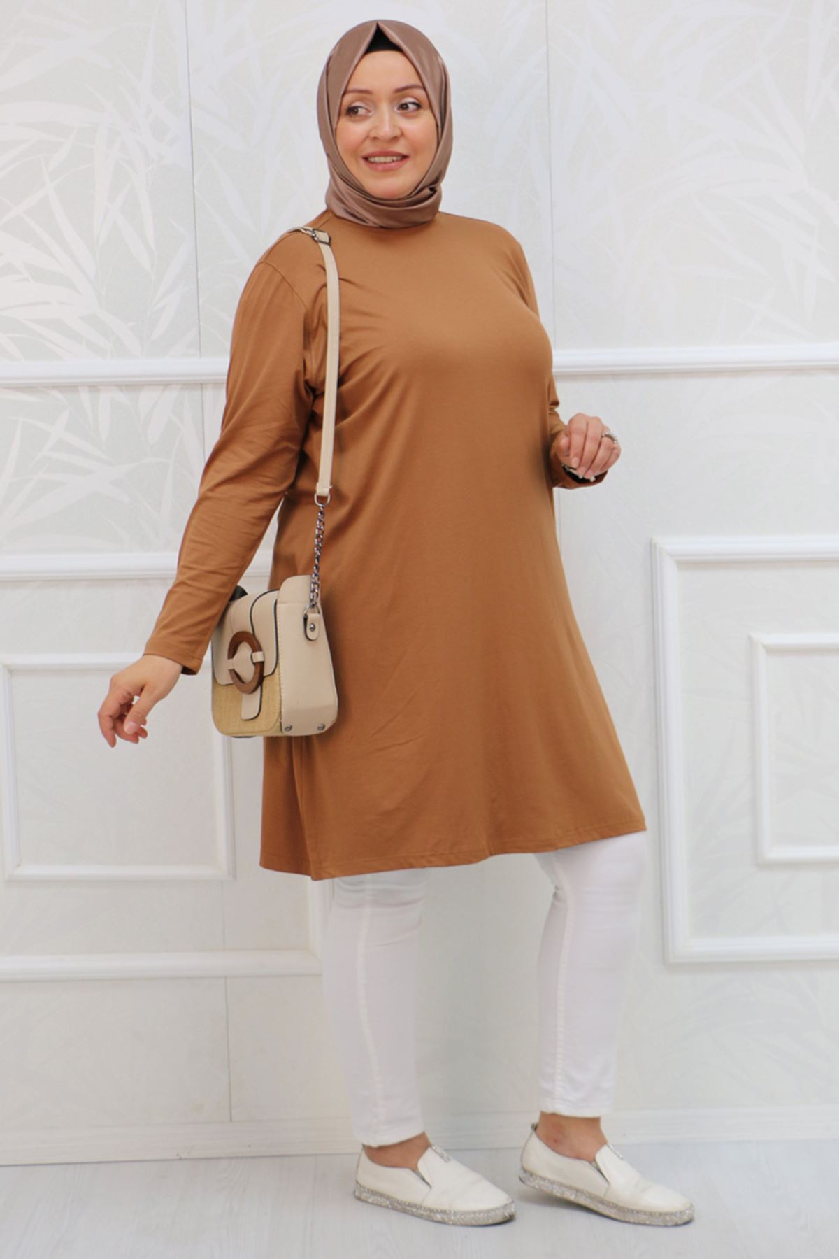 38501 Büyük Beden Basic Penye Tunik - Kahverengi