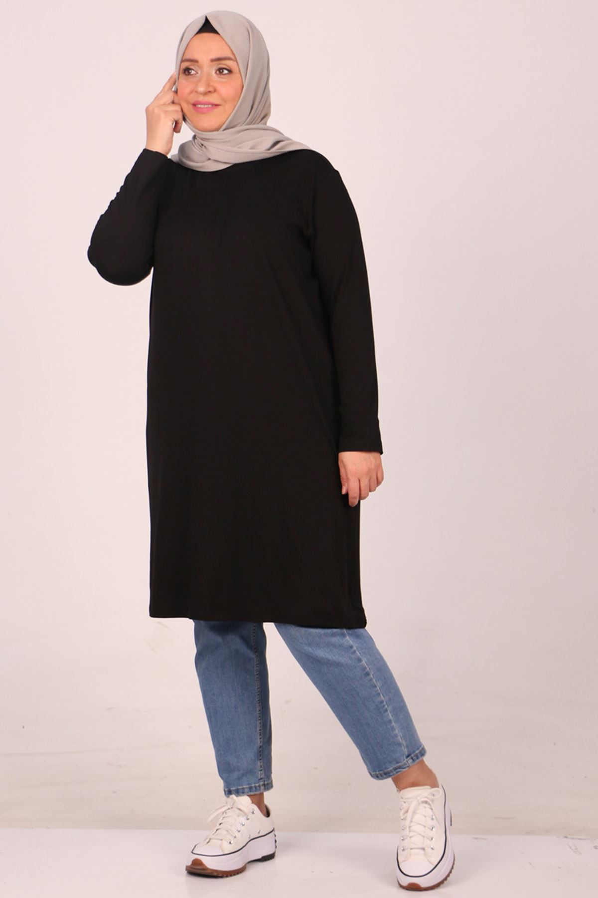 38501 Büyük Beden Basic Penye Tunik -  Siyah