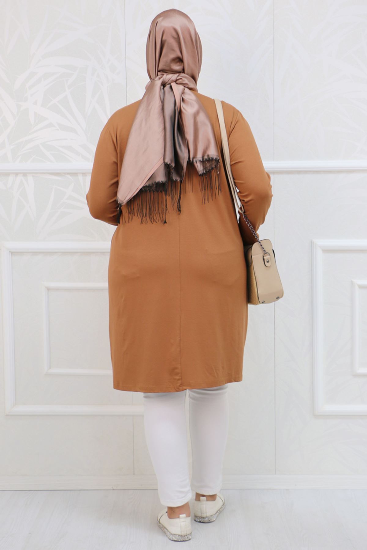 38501 Büyük Beden Basic Penye Tunik - Kahverengi