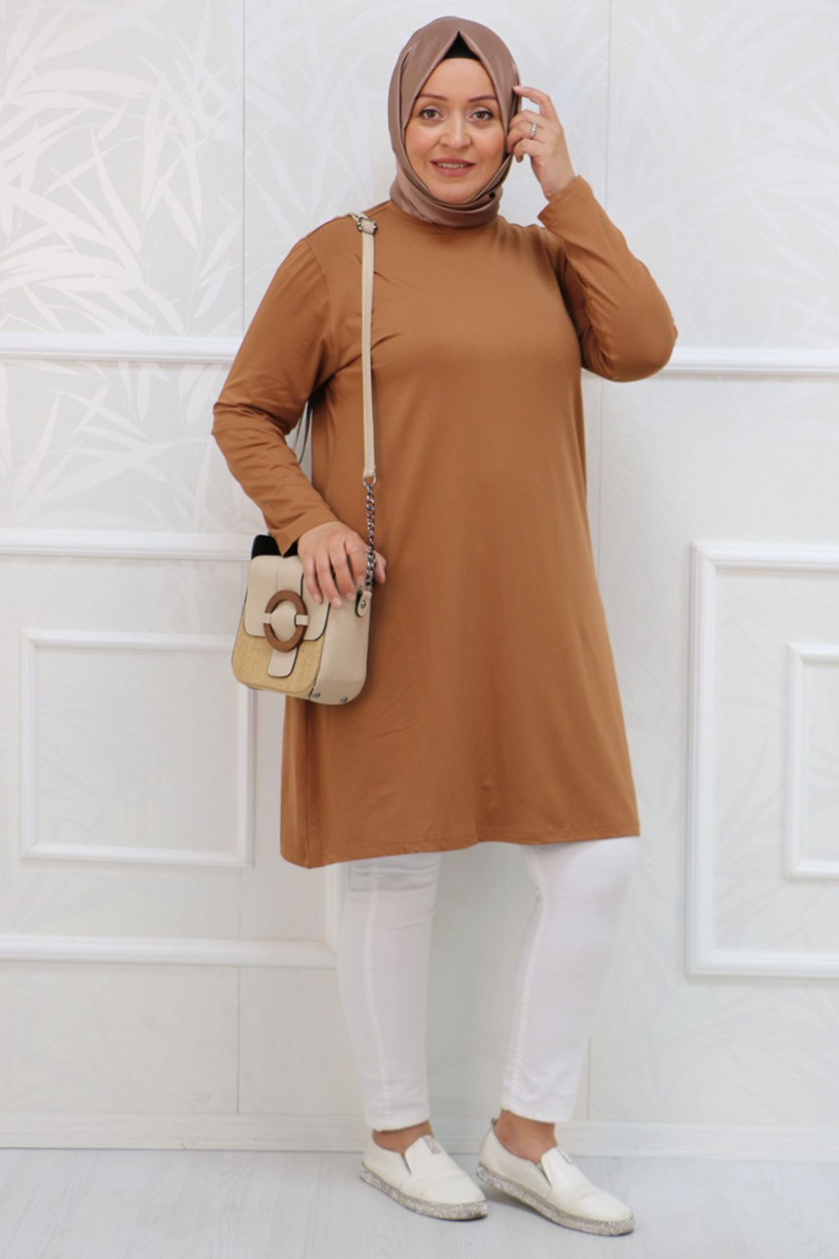 38501 Büyük Beden Basic Penye Tunik - Kahverengi