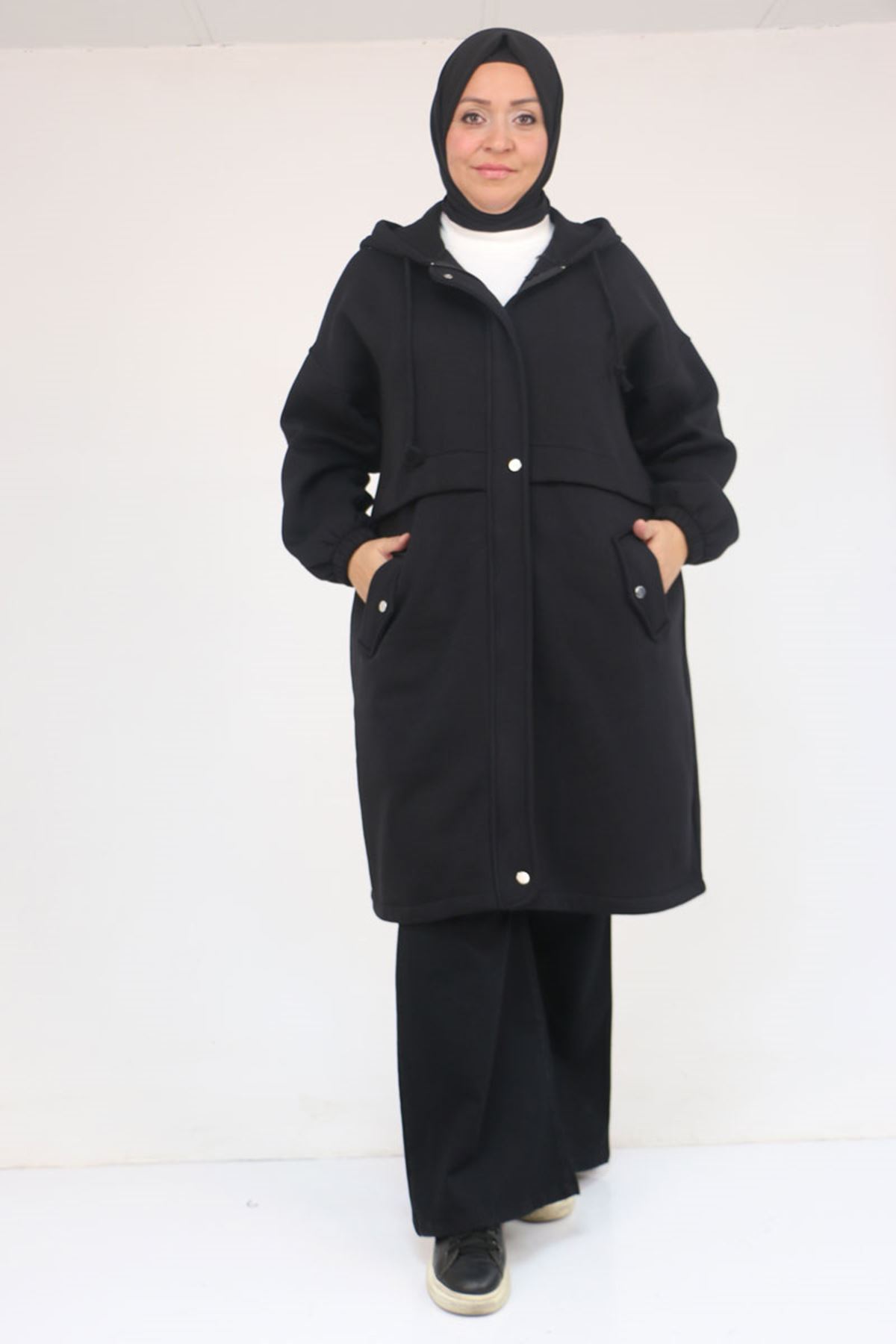 43076 Büyük Beden Cepli Kapşonlu Üç İplik Kap - Siyah