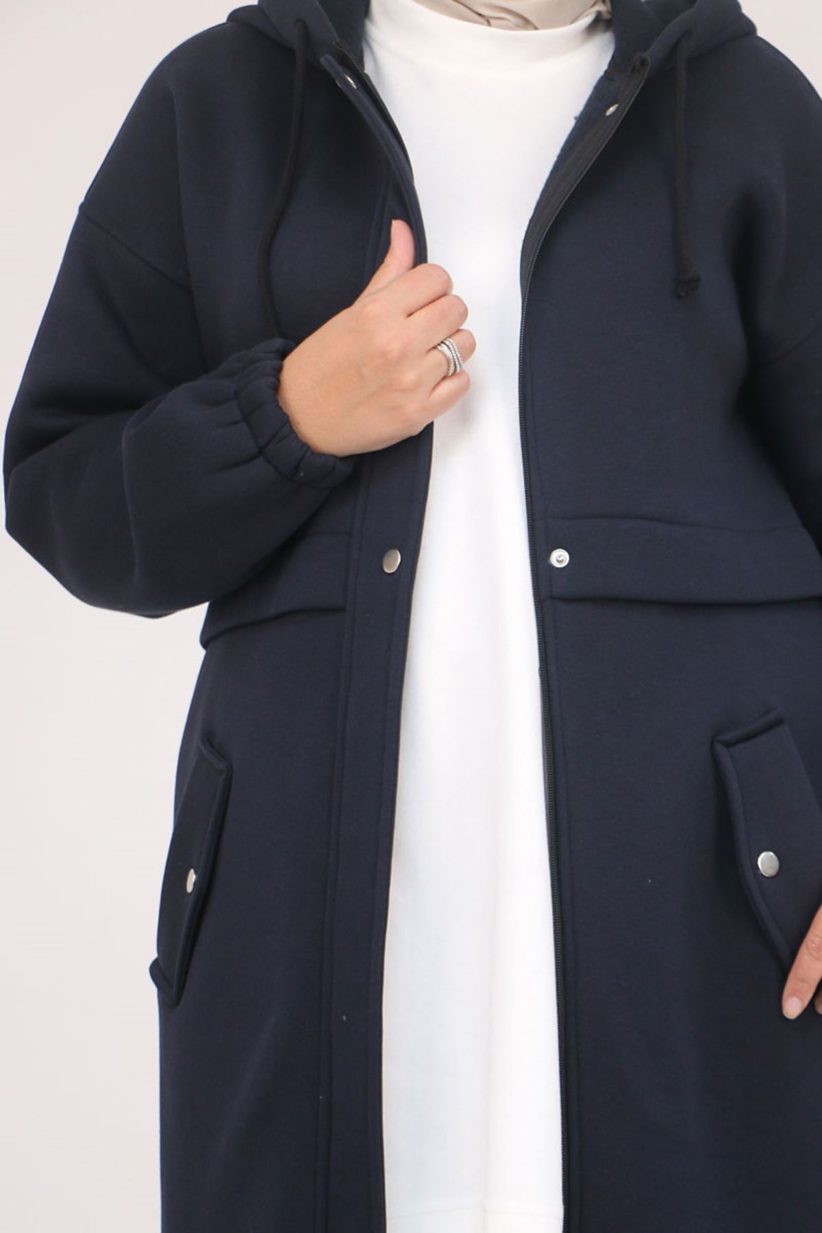 43076 Büyük Beden Cepli Kapşonlu Üç İplik Kap - Lacivert