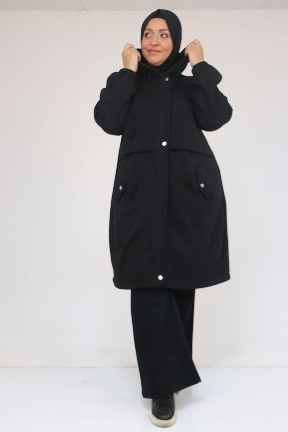 43076 Büyük Beden Cepli Kapşonlu Üç İplik Kap - Siyah