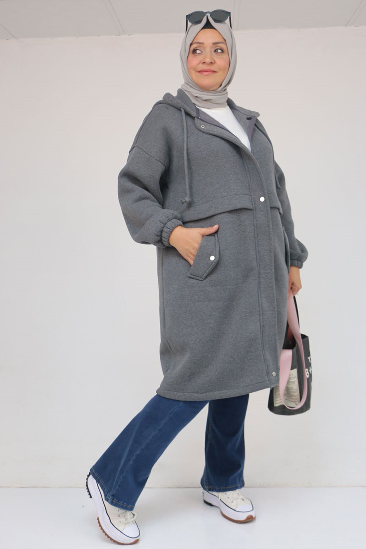 43076 Büyük Beden Cepli Kapşonlu Üç İplik Kap - Antrasit