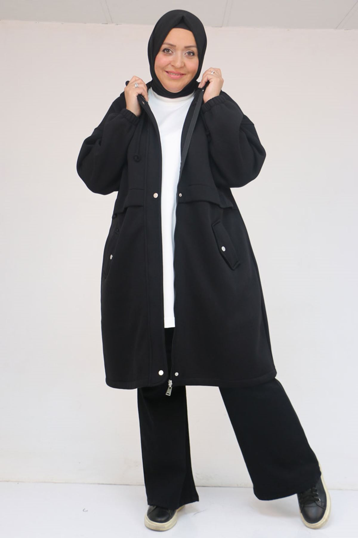 43076 Büyük Beden Cepli Kapşonlu Üç İplik Kap - Siyah