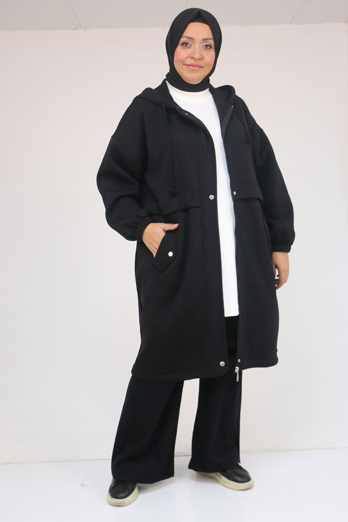 43076 Büyük Beden Cepli Kapşonlu Üç İplik Kap - Siyah