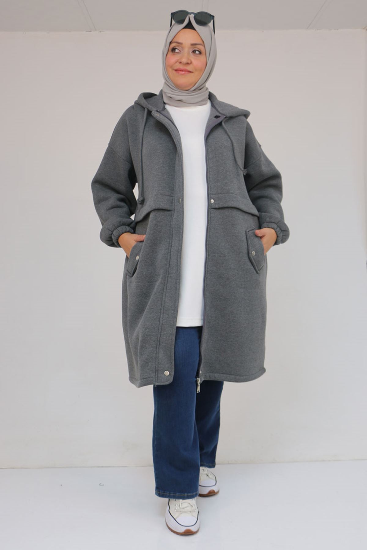 43076 Büyük Beden Cepli Kapşonlu Üç İplik Kap - Antrasit