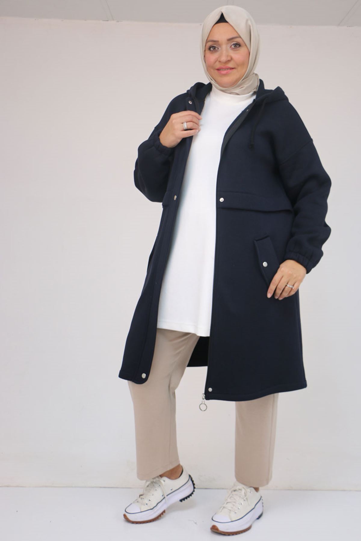 43076 Büyük Beden Cepli Kapşonlu Üç İplik Kap - Lacivert