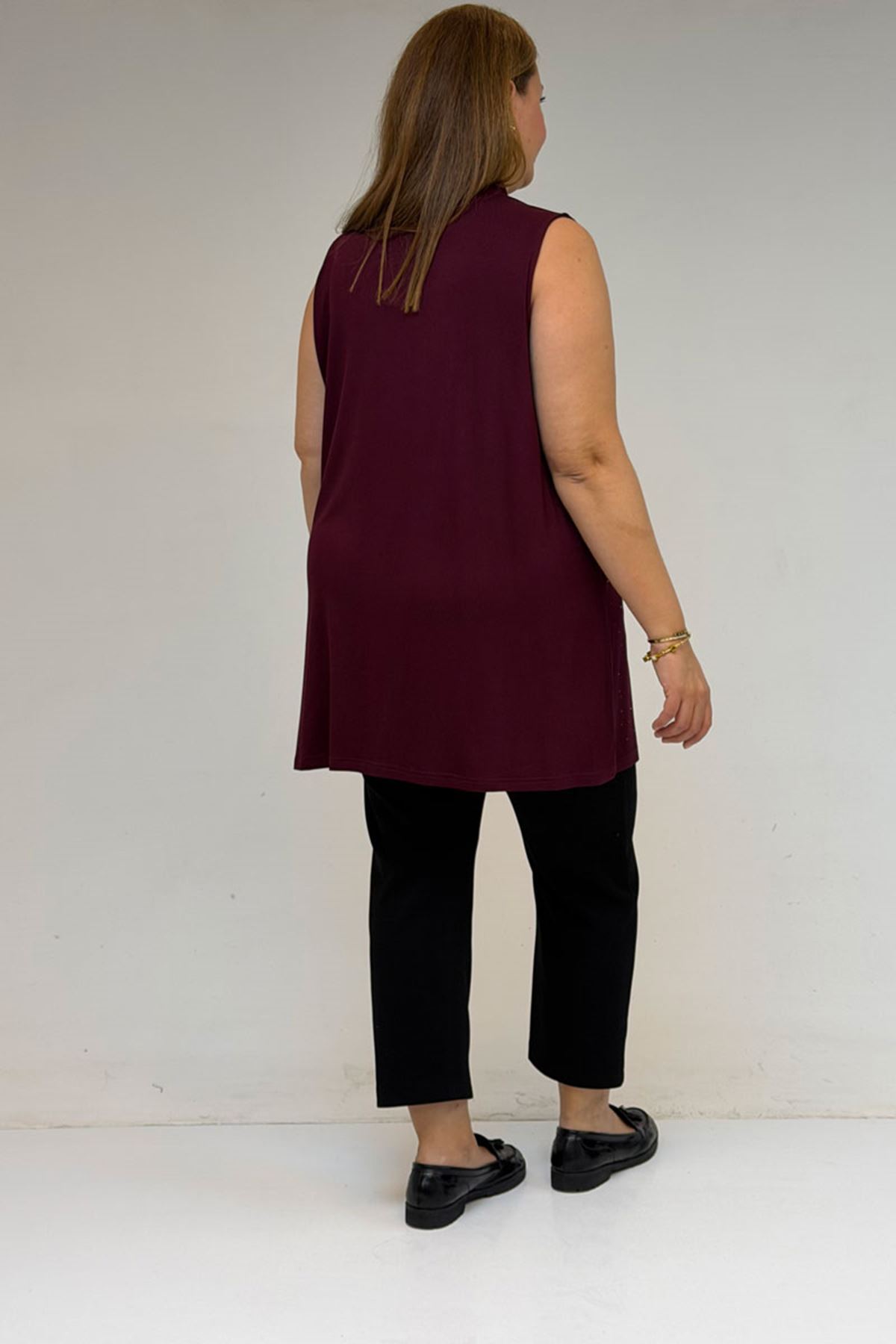 58506 Büyük Beden Taş Baskılı Penye İçlik - Bordo