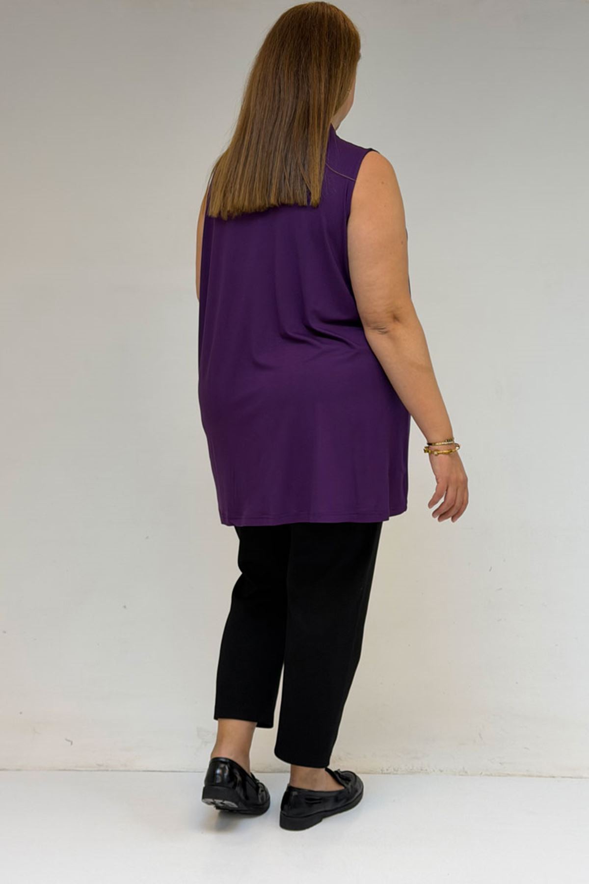 58506 Büyük Beden Taş Baskılı Penye İçlik - Mürdüm