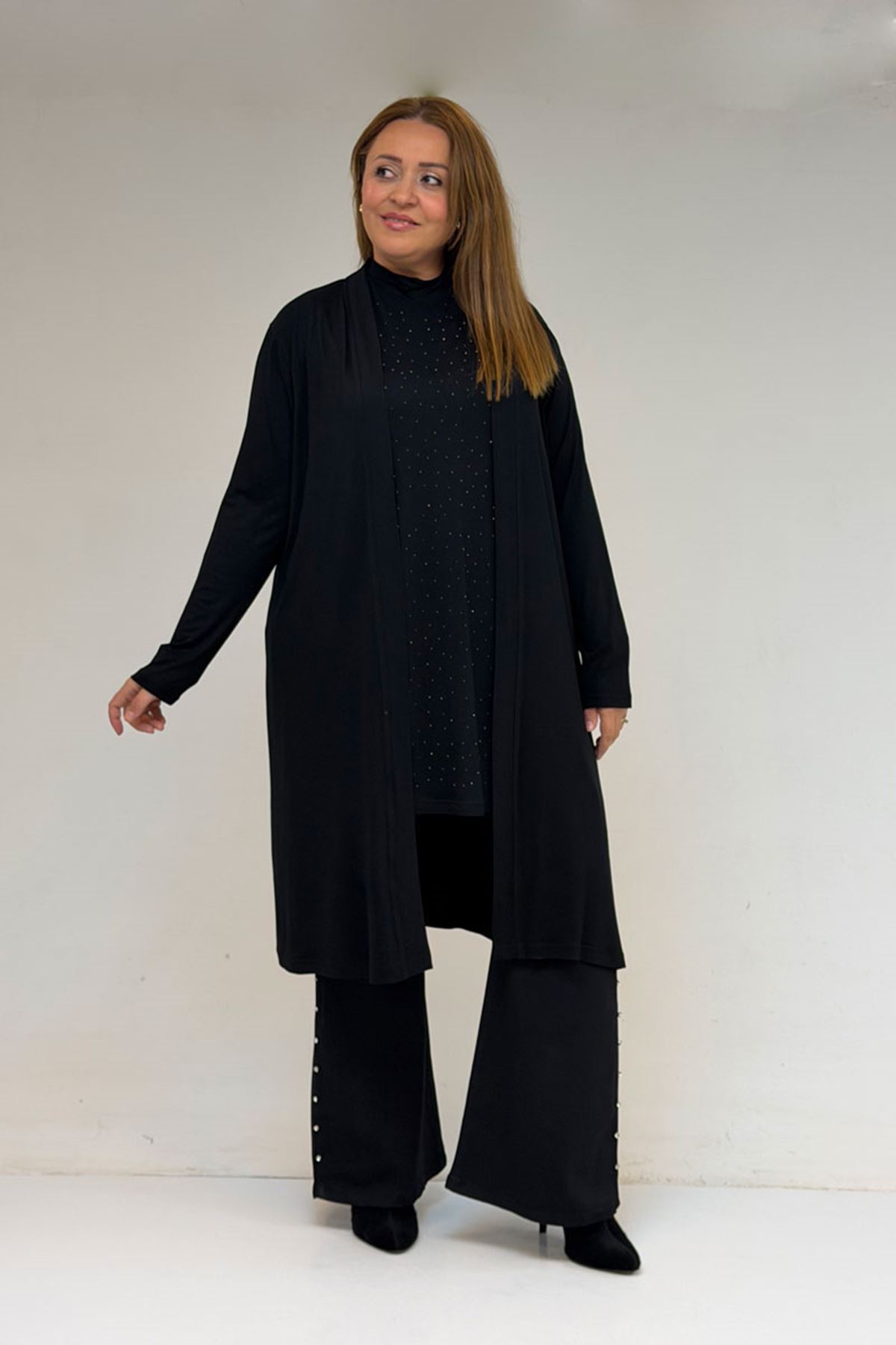 58506 Büyük Beden Taş Baskılı Penye İçlik - Siyah