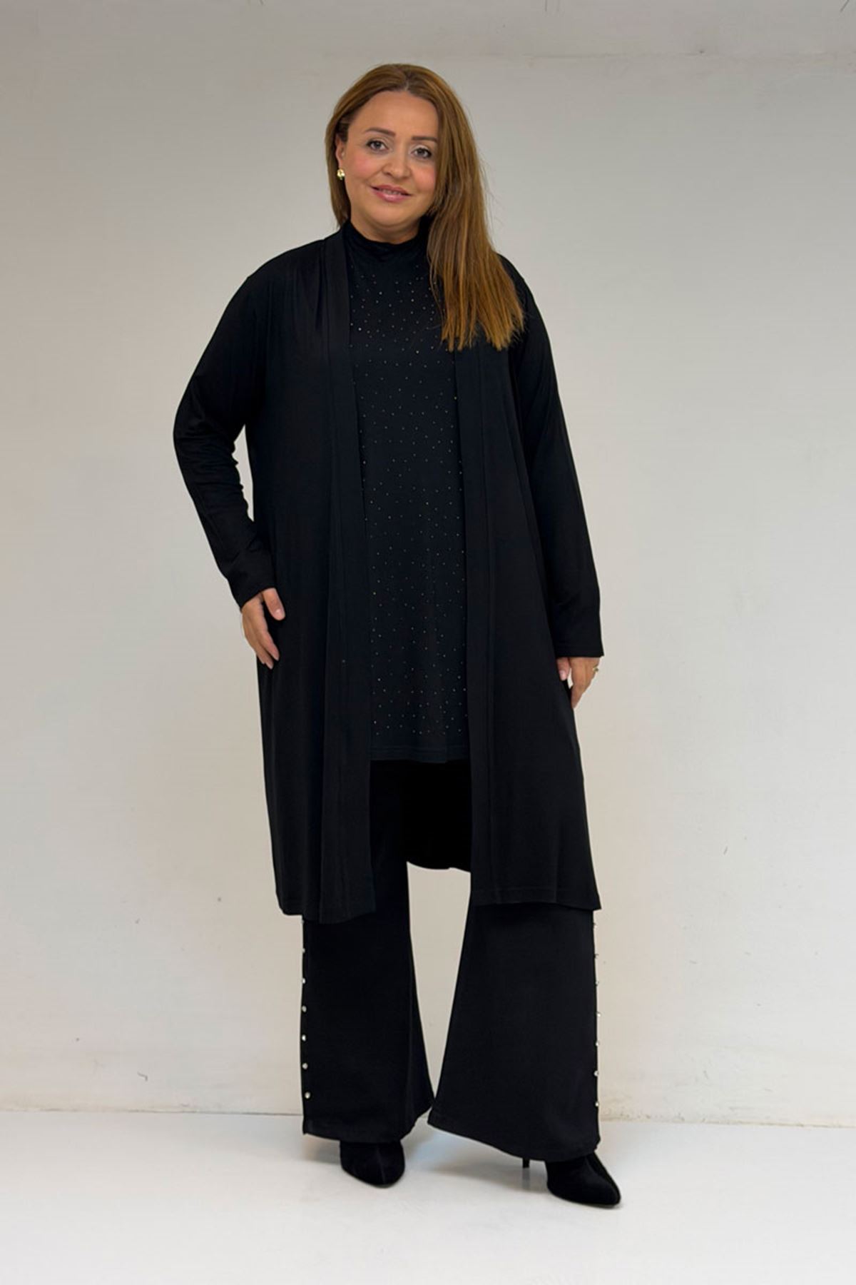 58506 Büyük Beden Taş Baskılı Penye İçlik - Siyah