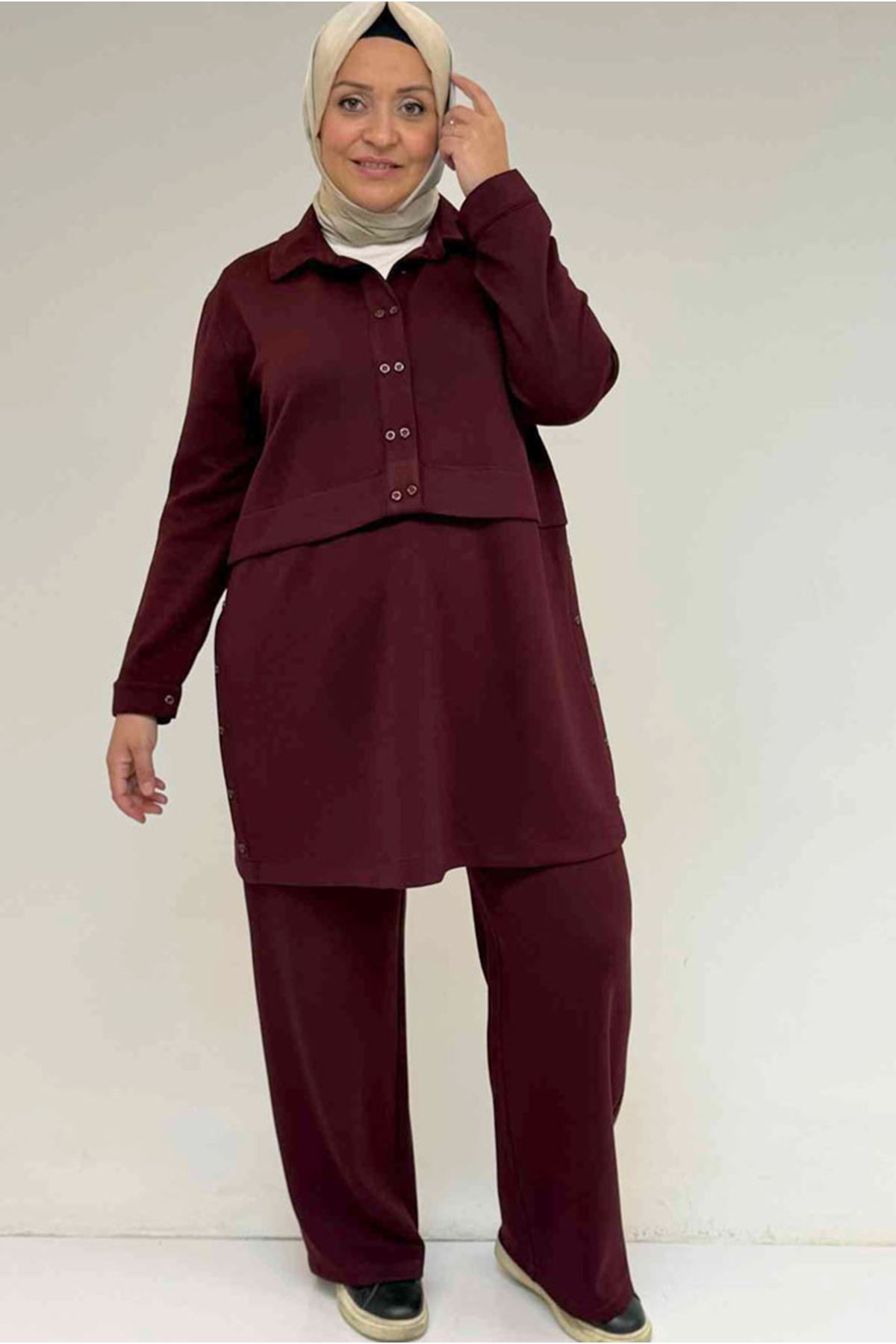 26K57038 - BORDO - Büyük Beden Erkek Yaka Düğme Detaylı Modal Pantolonlu Takım