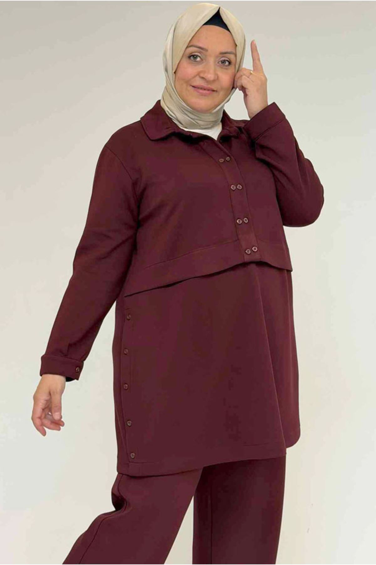 26K57038 - BORDO - Büyük Beden Erkek Yaka Düğme Detaylı Modal Pantolonlu Takım