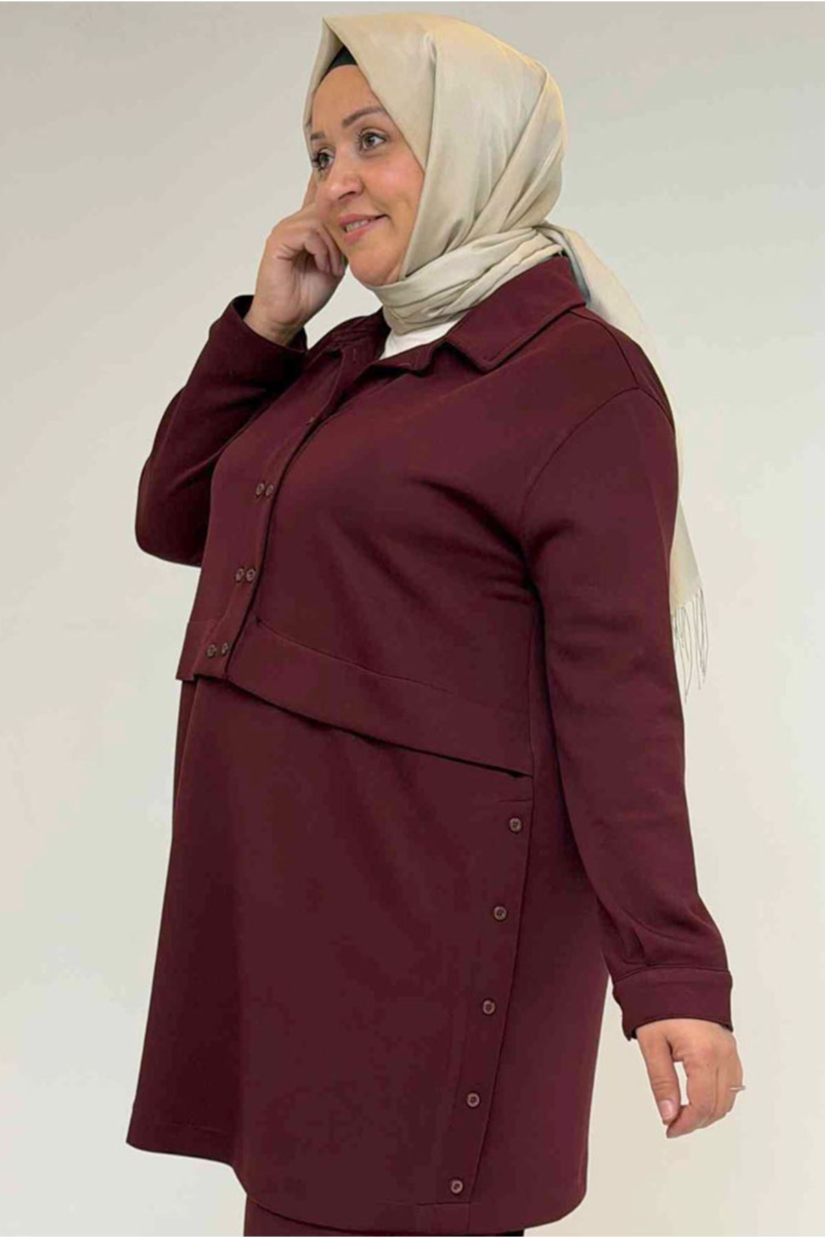 26K57038 - BORDO - Büyük Beden Erkek Yaka Düğme Detaylı Modal Pantolonlu Takım