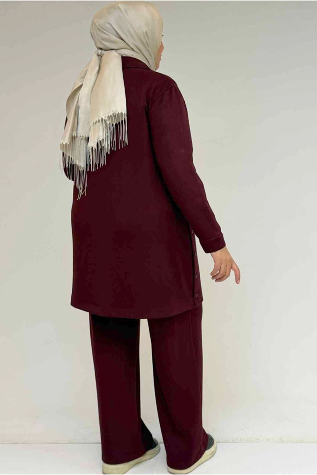 26K57038 - BORDO - Büyük Beden Erkek Yaka Düğme Detaylı Modal Pantolonlu Takım