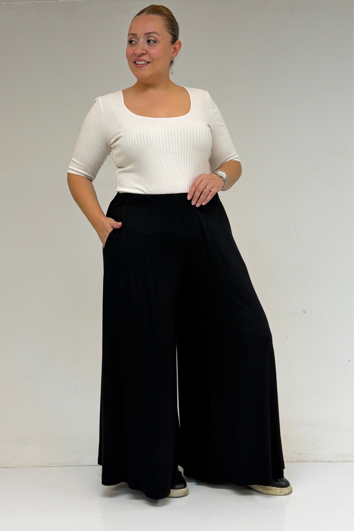 59039 Büyük Beden Beli Lastikli Çelik Pantolon - Siyah