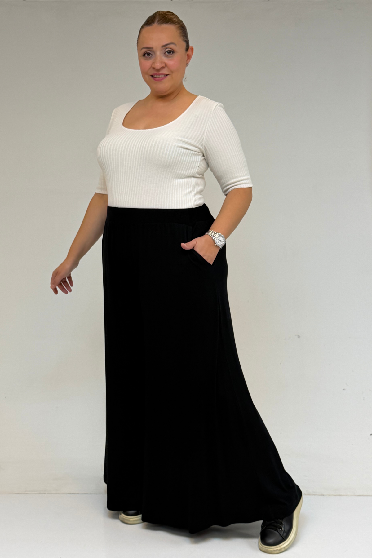 59039 Büyük Beden Beli Lastikli Çelik Pantolon - Siyah