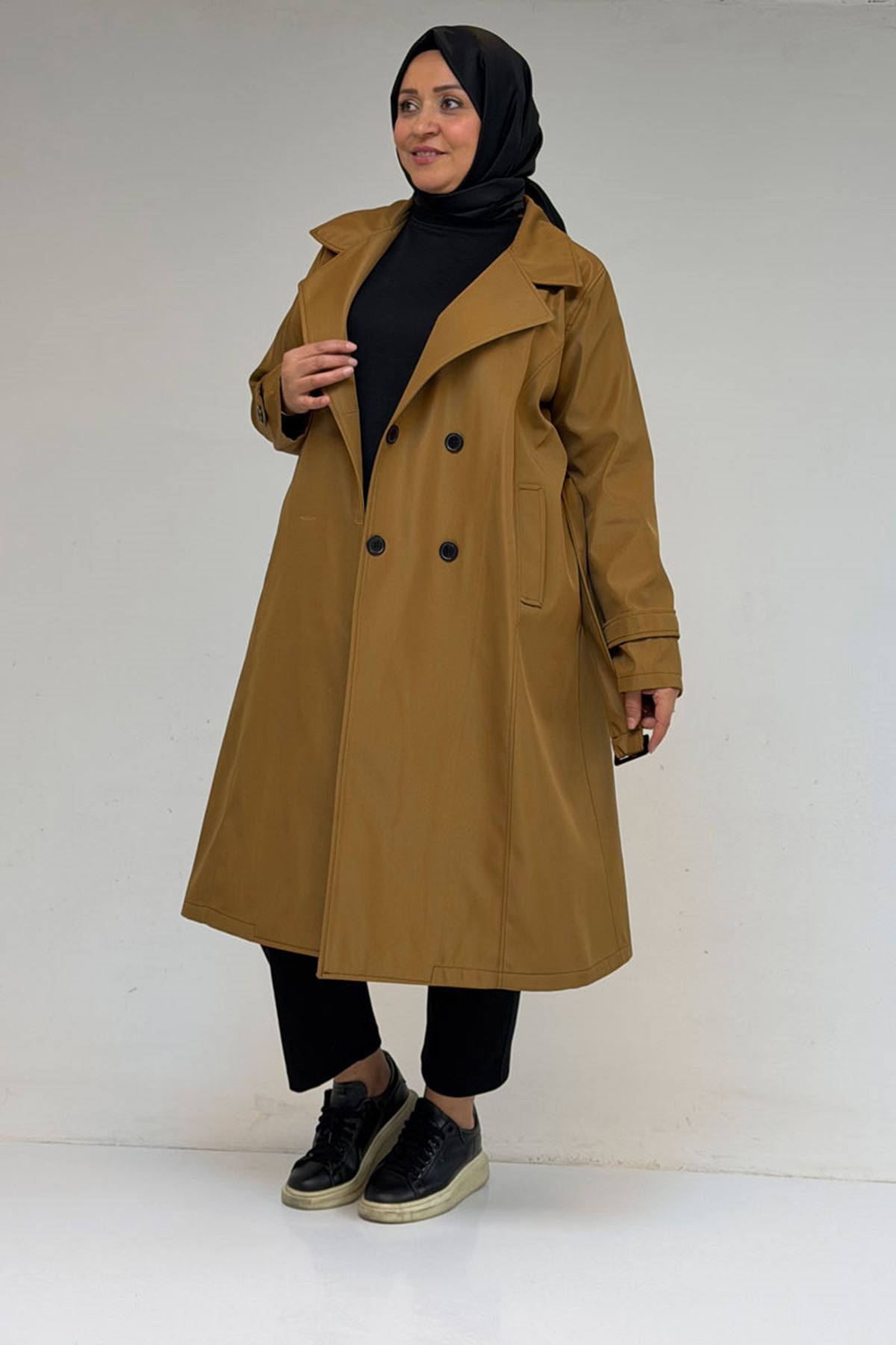 33094 Büyük Beden Bondit Kemerli Trençkot - Açık Taba